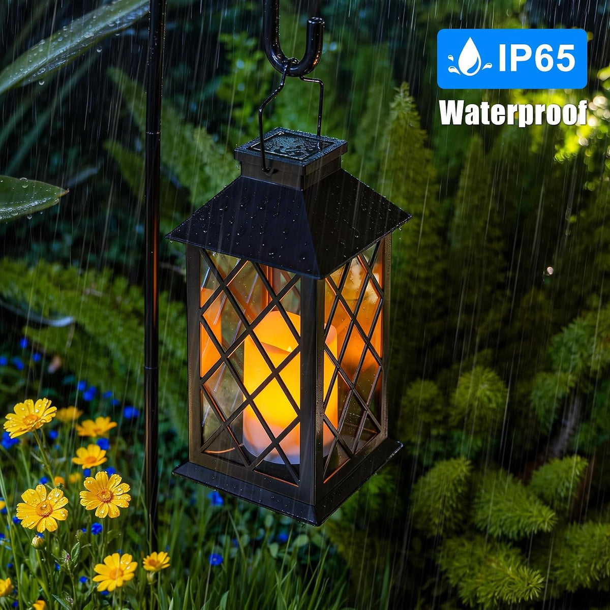[2 Pack] TAKE ME Black 14" Solar Lanterns Outdoor Waterproof Garden Lanterns LED Candle Lights for Garden Outdoor Decor
