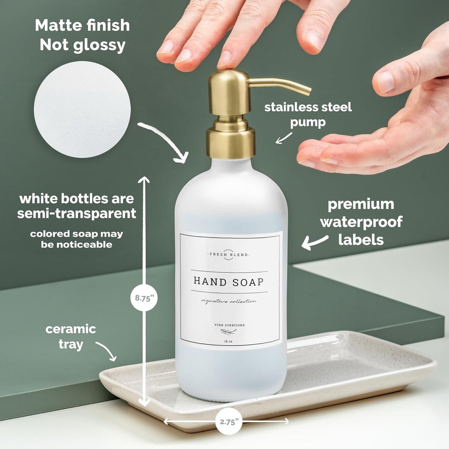 Vine Creations Glass Soap Dispenser, 2 Pack Kitchen Soap Dispenser Set with Ceramic Tray, Stainless Steel Pump, Dish