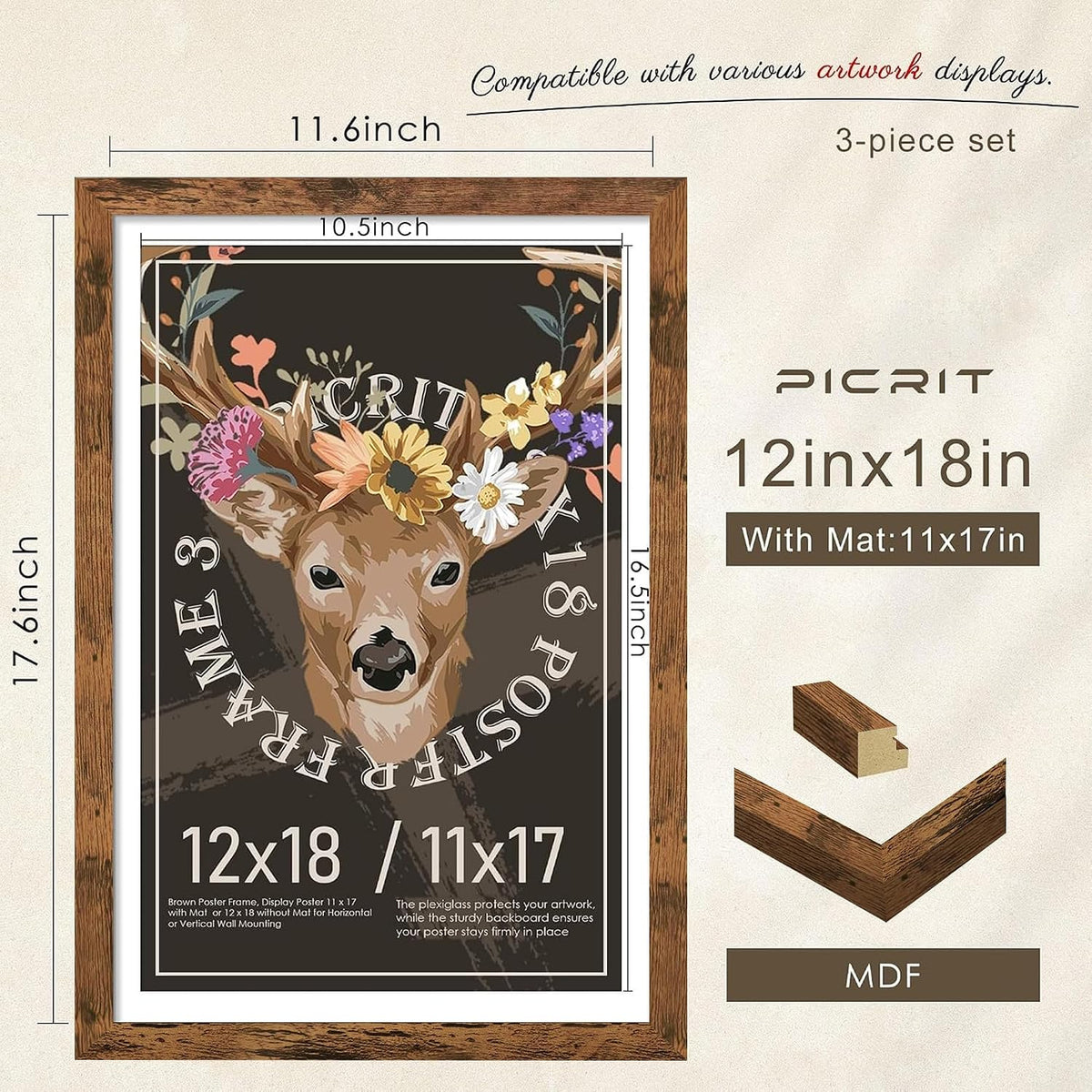 12x18 Rustic Brown Poster Frame, Picture Frame for Wall, 3 Pack | Fits 11x17 Photos With Mat or 12x18 Without Mat