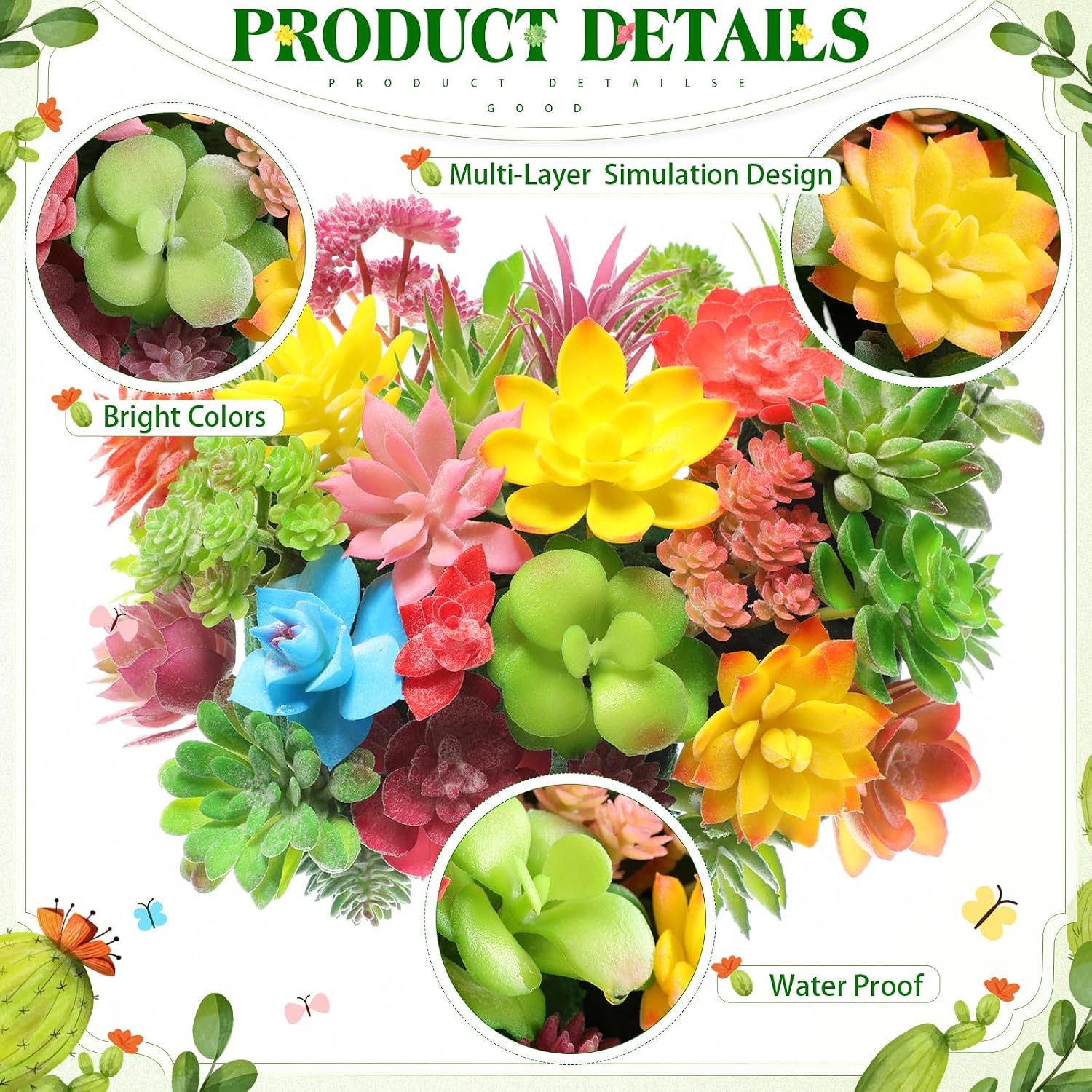 Mini Artificial Succulents Unpotted Realistic Colorful Faux Succulents Small Cactus / Set of 32