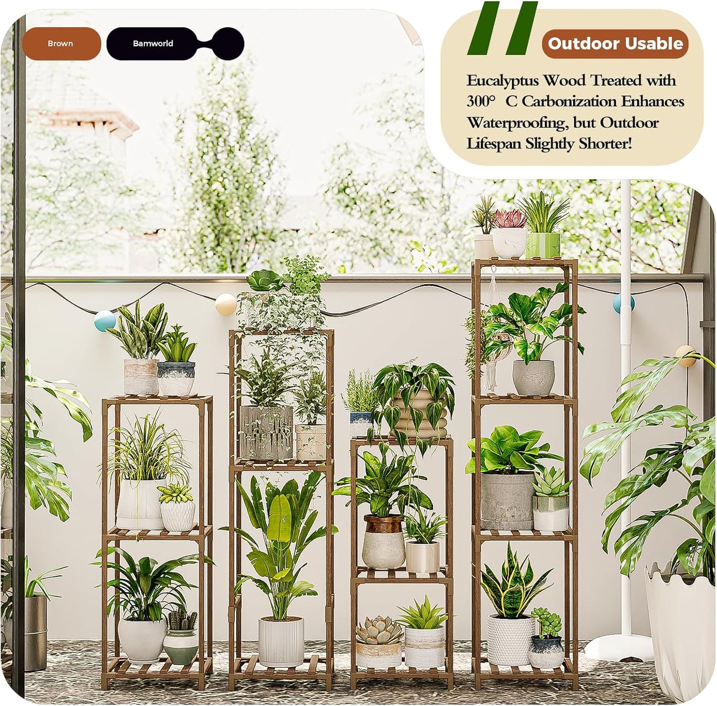 Bamworld Plant Stands Indoor 4 Sets Plant Shelves Outdoor | Tall Wooden Plant Holder for Multiple Plants Flower Stands