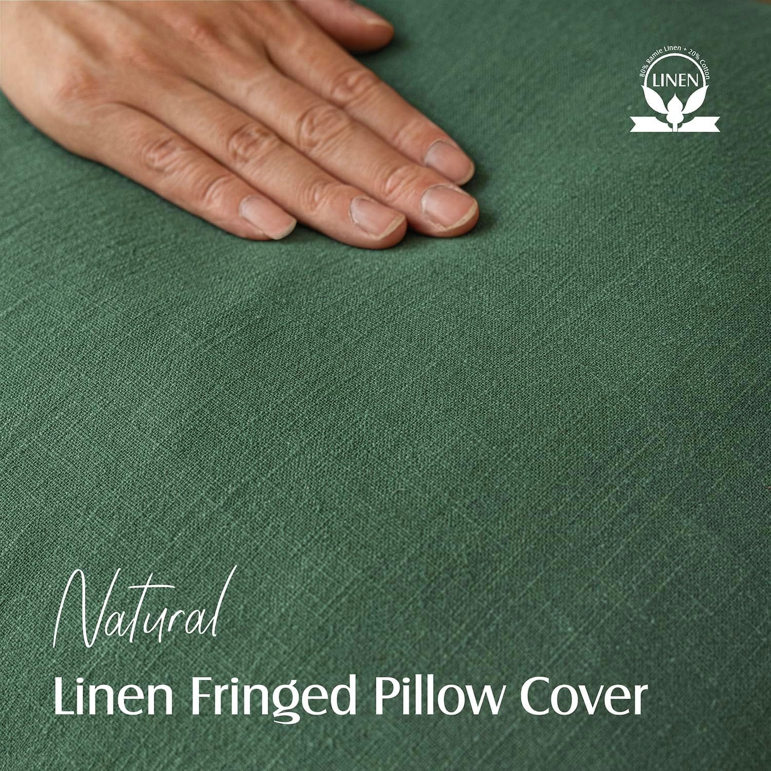 Decorative Linen Fringe Throw Pillow Covers Boho Farmhouse / 18 x 18 / Abundant Green / Set of 2