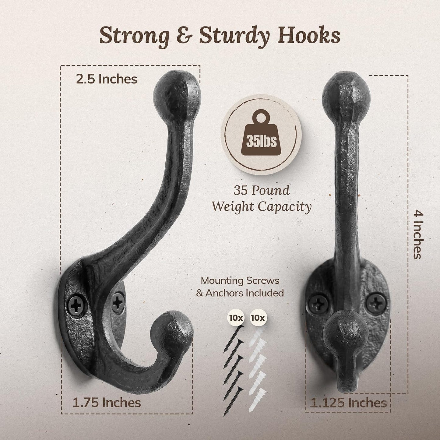 Vintage Hooks for Hanging Coats / Antique Black / Large Simple / Set of 5