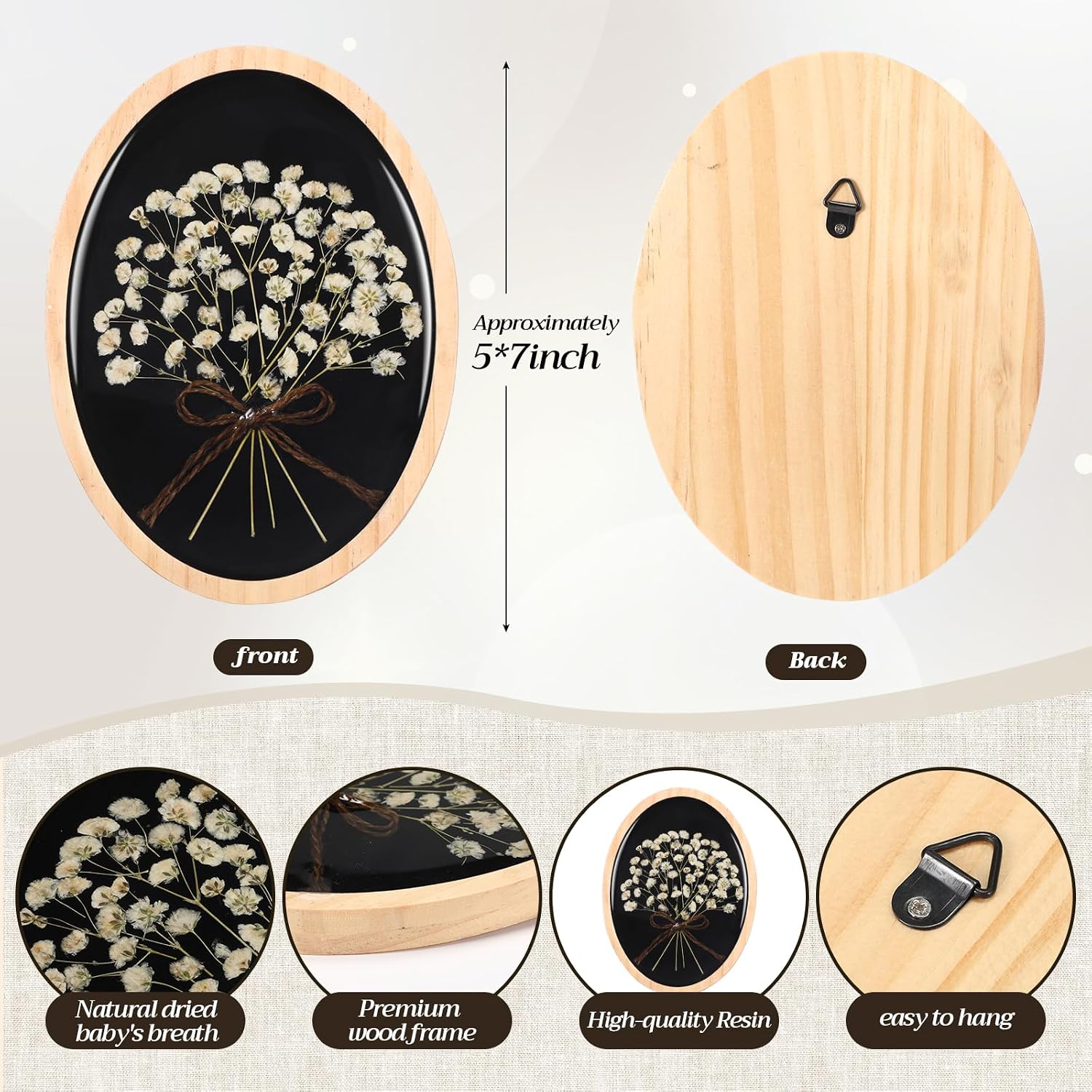Wooden Pressed Flower Wall Decor Resin Baby's Breath Wall Art Framed Dried Flower / 5 x 7 / Natural