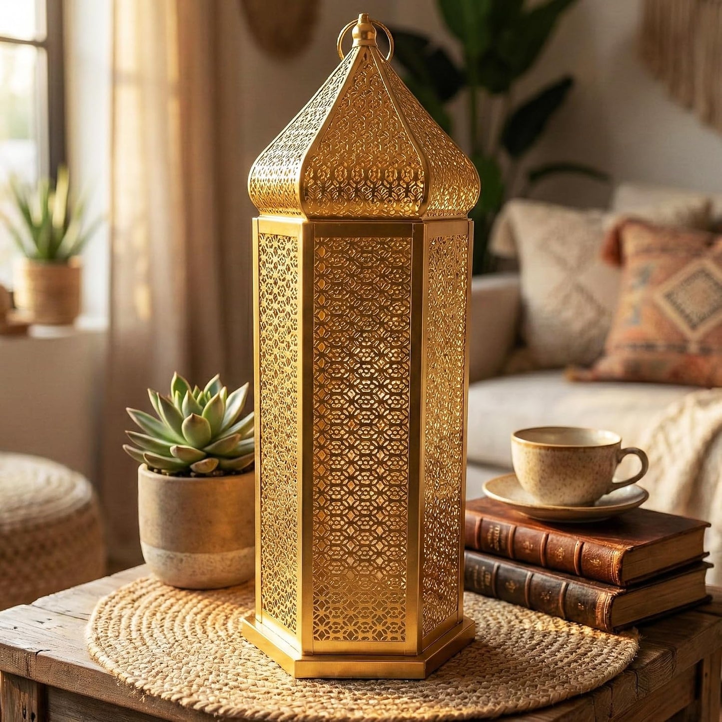 Vela Lanterns Decorative Indoor Gold Moroccan Floor Lantern, Extra Large | Big Moroccan Candle Holder Lamp, Golden