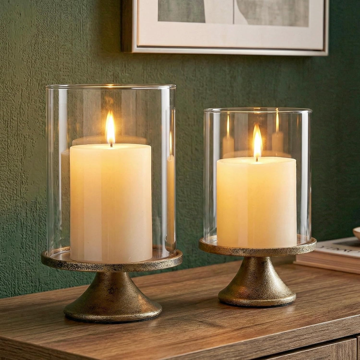 Set of 2 Hurricane Candle Holder Set with Glass Dome & Iron Base – Elegant Decorative Pillar Candle Holders for Living