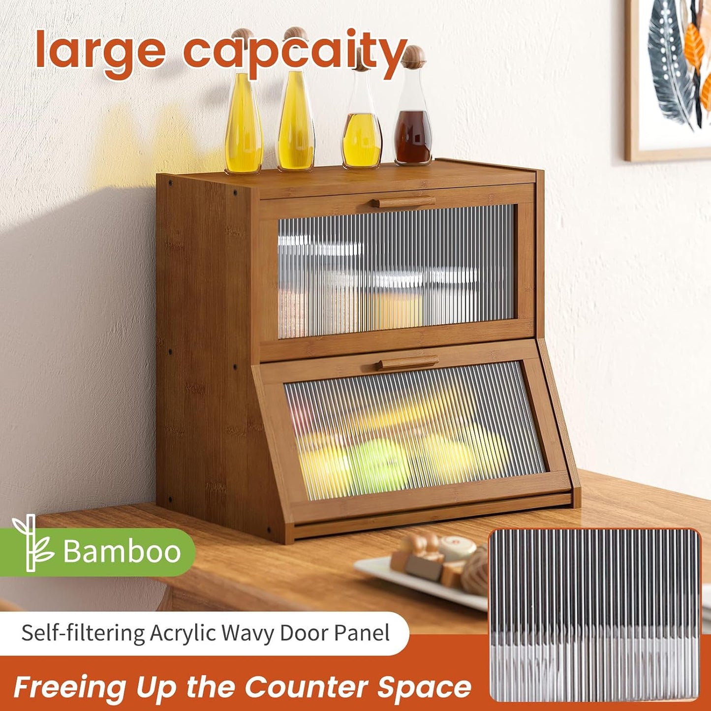GHWIE Double Layer Bamboo Bread Box for Kitchen Counter,Large Capacity Bread Storage Bin,Bread Container with Acrylic