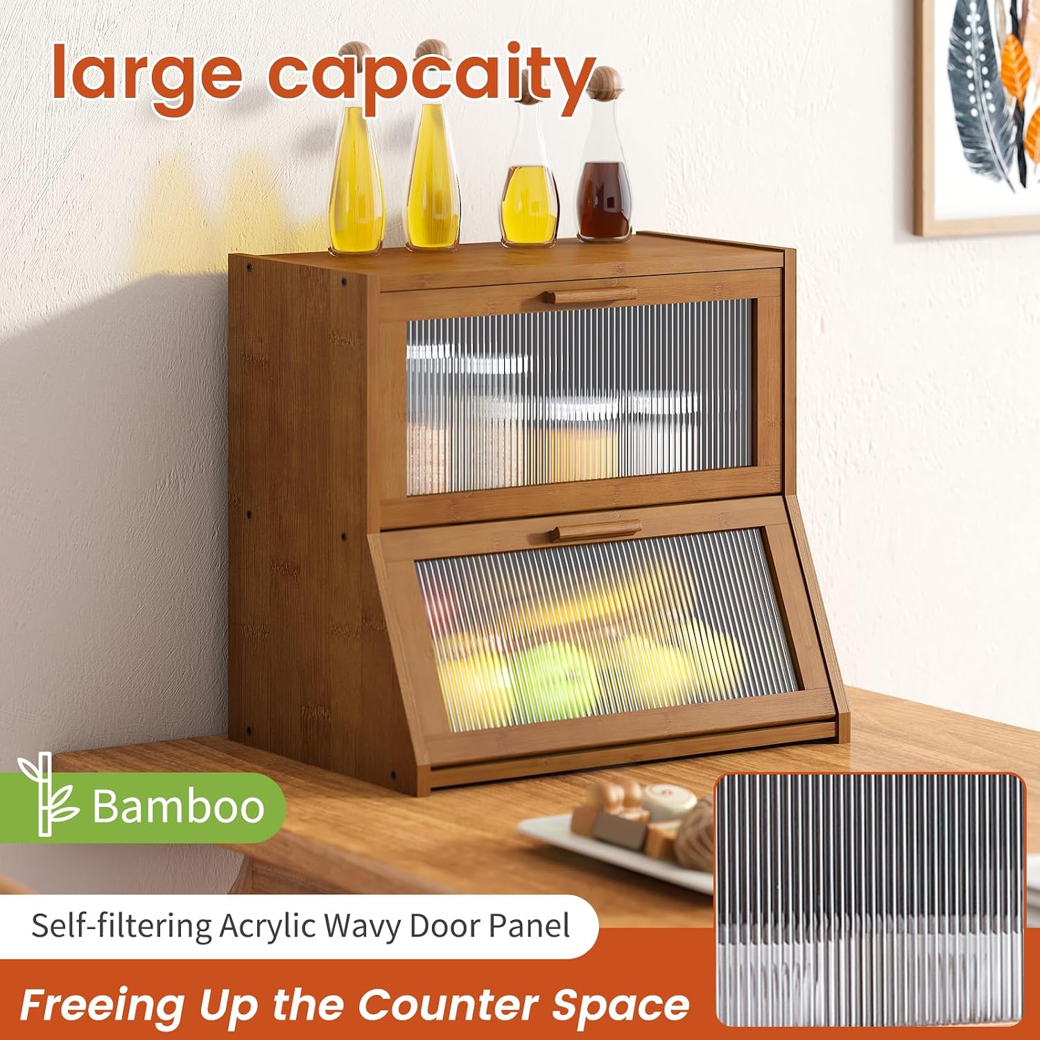 GHWIE Double Layer Bamboo Bread Box for Kitchen Counter,Large Capacity Bread Storage Bin,Bread Container with Acrylic