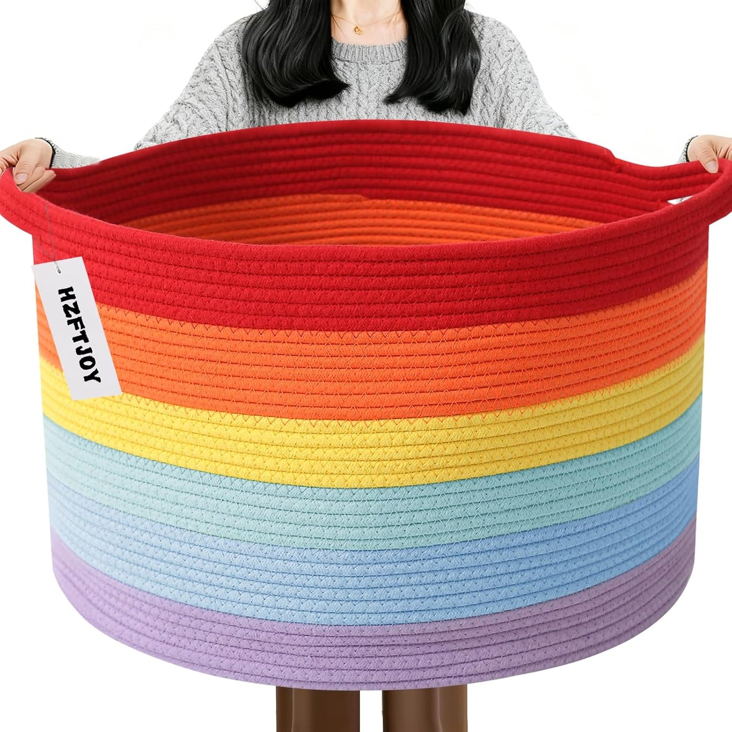 65L Large Blanket Basket,Rope Woven Laundry Basket-Rainbow