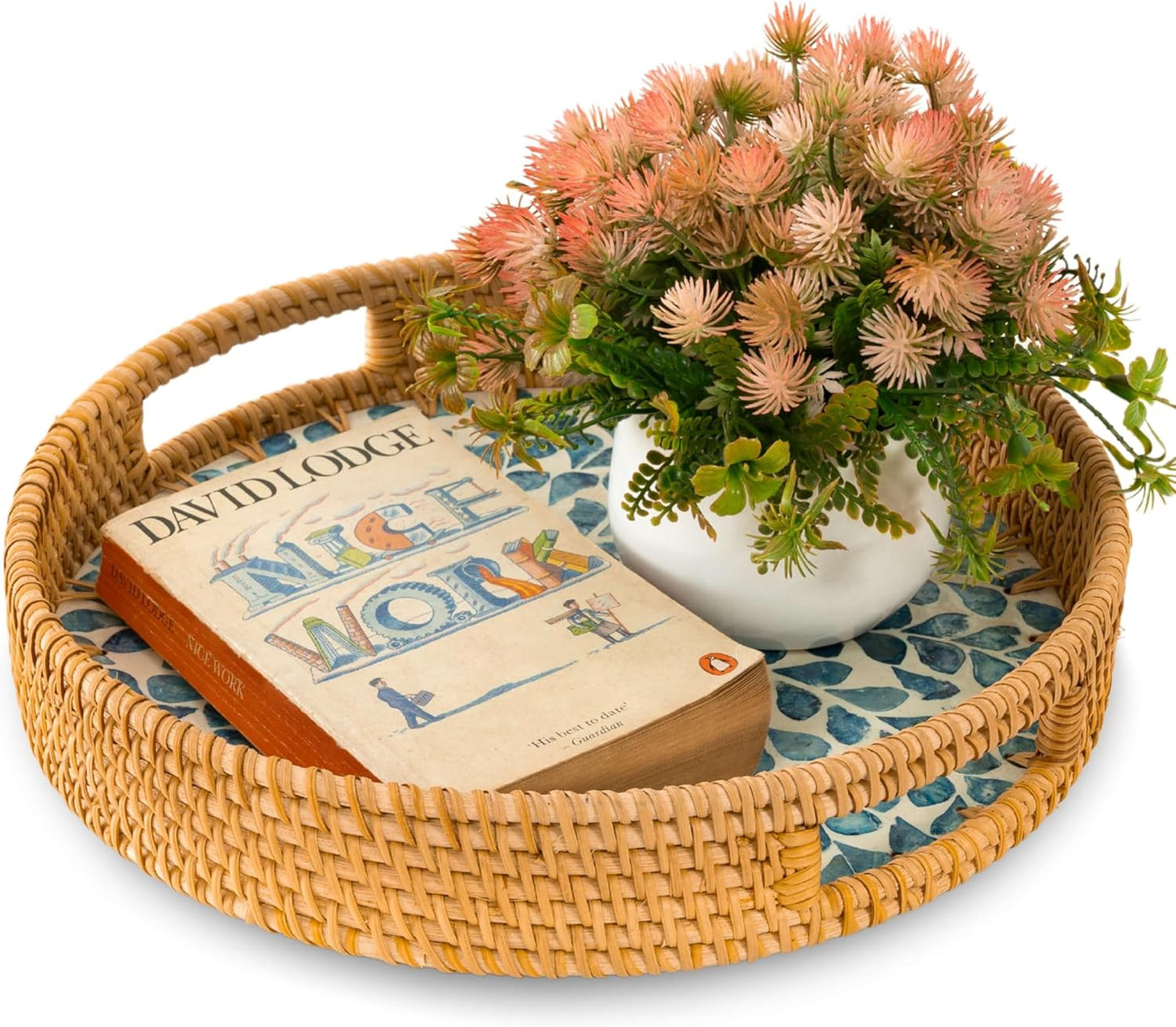 Round Rattan Tray / Blue Leaves