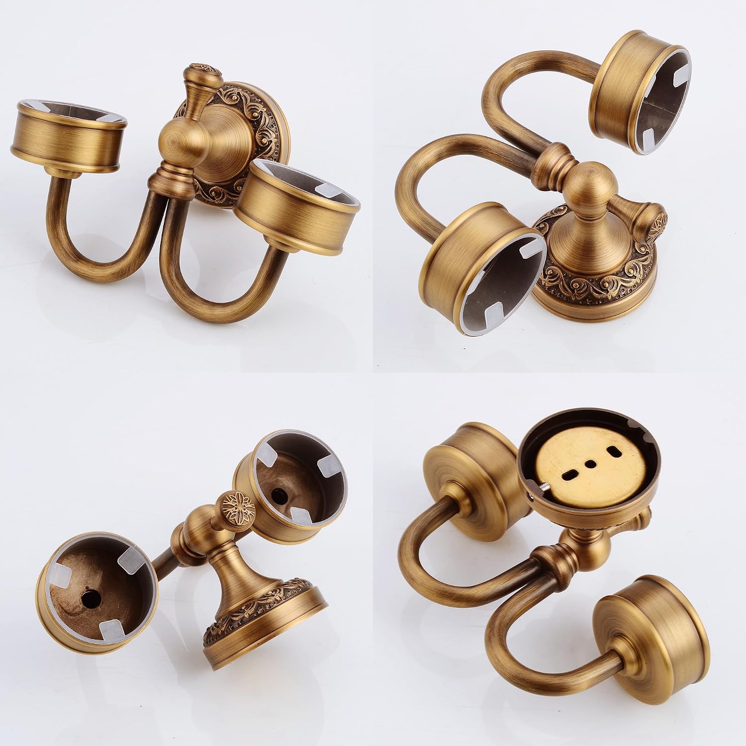 Wall Mounted Bathroom Double Tooth Brushed Cup Holder, Antique Brass Pattern Carving,Brushed Bronze