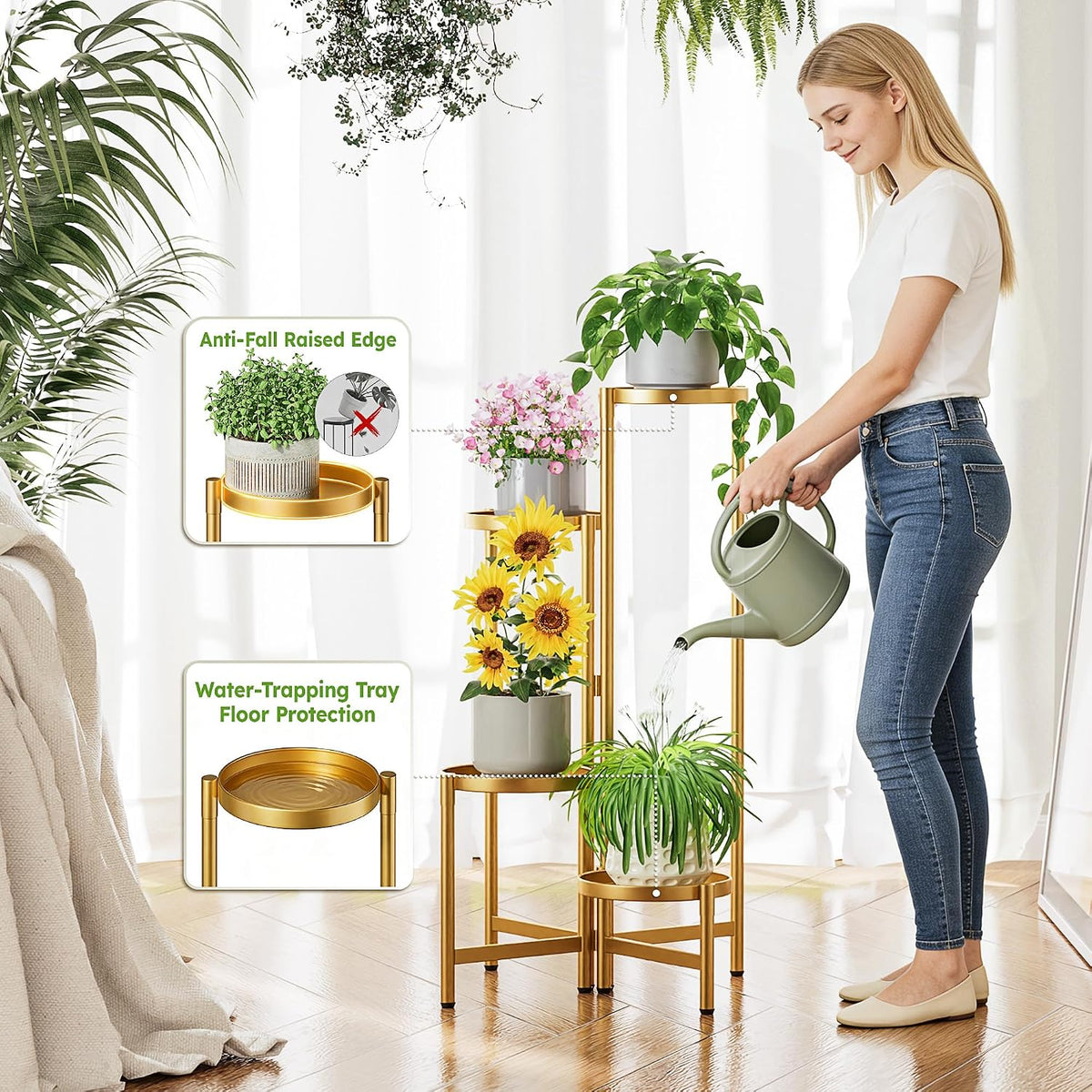 Gold Plant Stand, 4 Tiered Plant Stand Indoor for Multiple Large Planter, Tall Heavy Duty Adjustable Folding Rack with