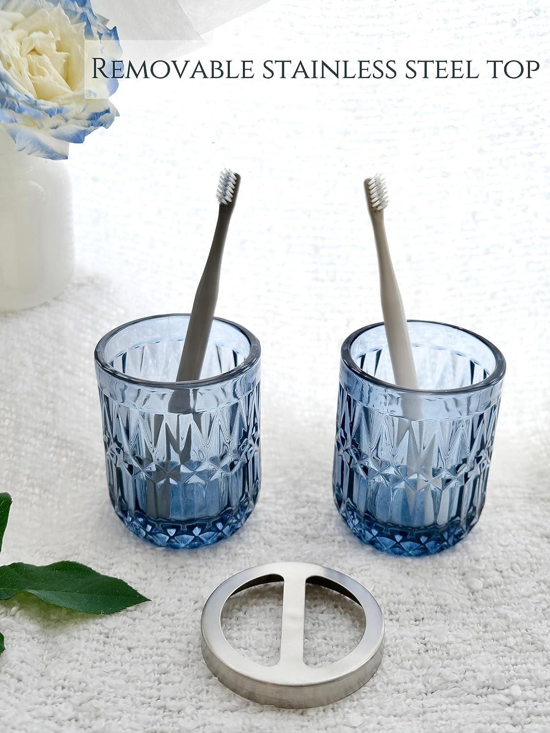 LaMarriti Blue Bathroom Accessories Set, 5Pcs Clear Glass Bathroom Accessories, Hand Soap Dispenser, Soap Dish