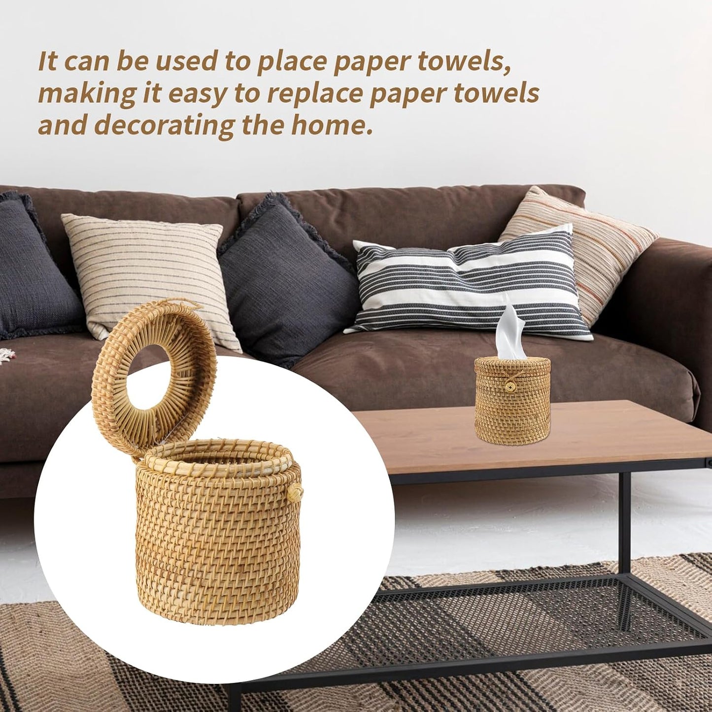 Rattan Round Tissue Box Cover Tissue Box Holder Decorative Woven Facial Tissue Holder / Style 1
