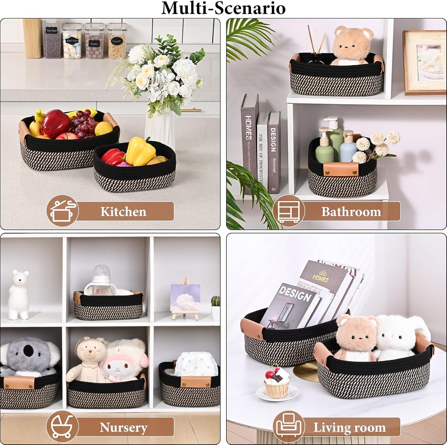 Small Woven Basket -4 Shelf Basket / Black & Brown / Set of 6