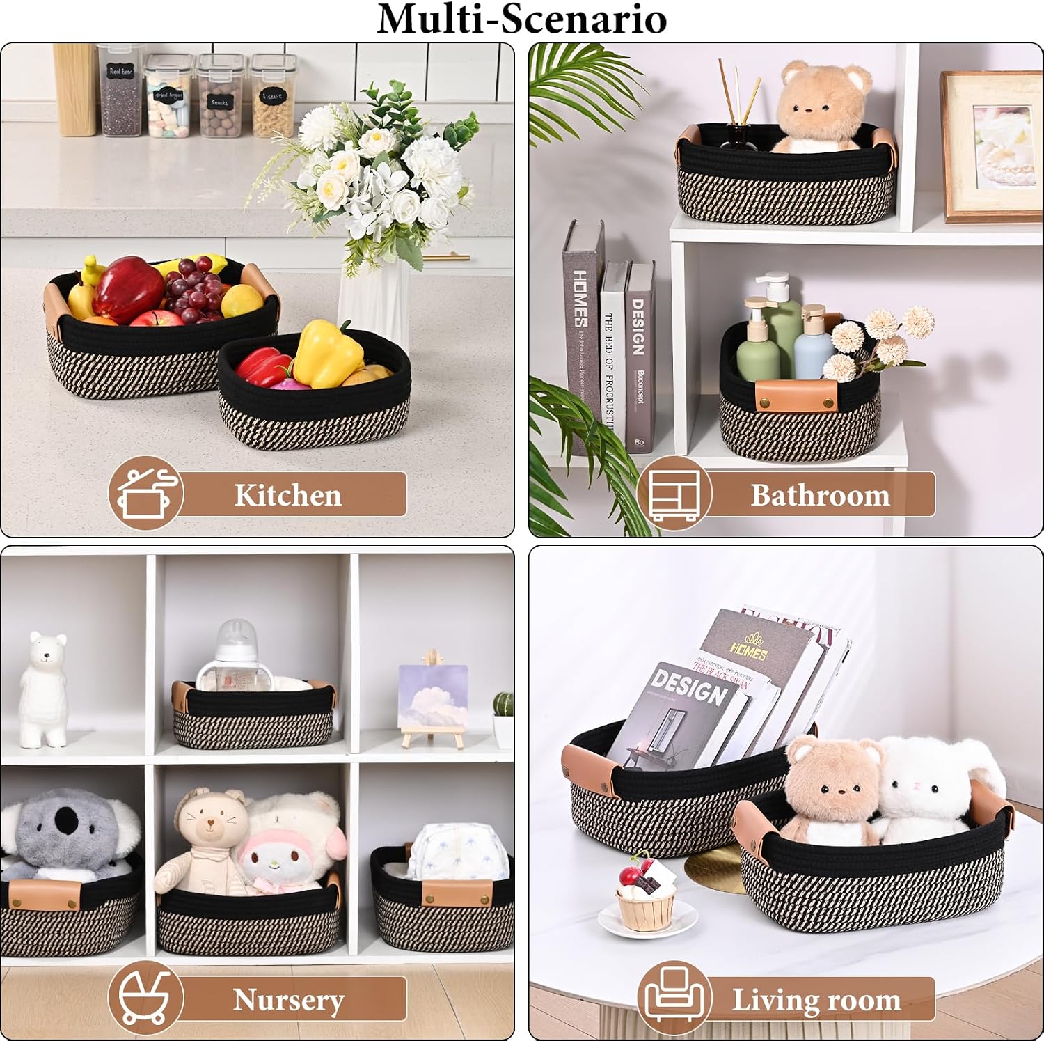 Small Woven Basket -4 Shelf Basket / Black & Brown / Set of 6