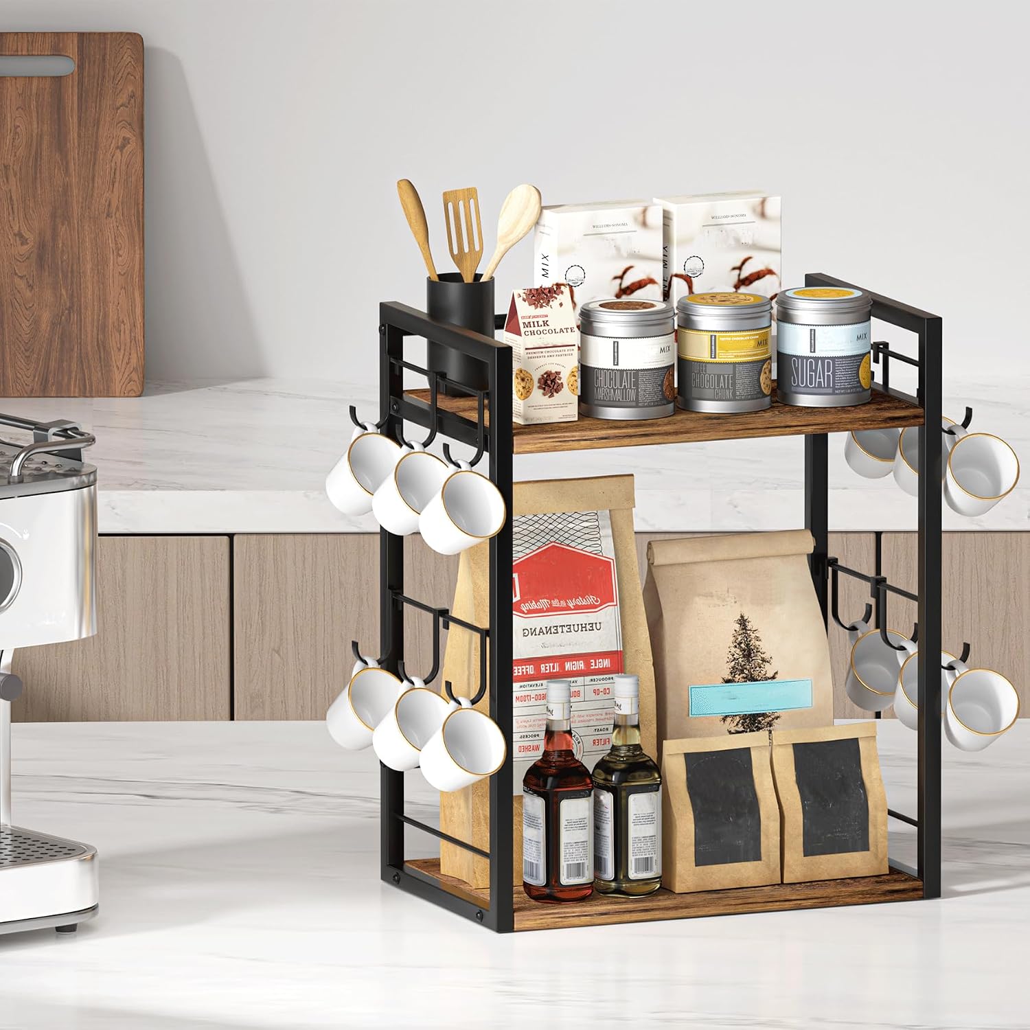 Dorhors Coffee Bar Organizer,Mug Holder,Station Organizer Kitchen Counter | 2 Tier Rustic Brown Wood Coffee Bar