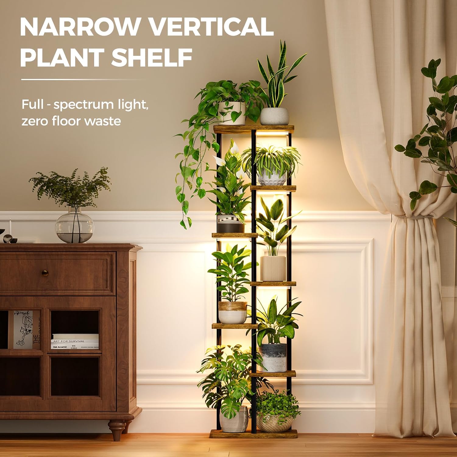 Bamworld Plant Stand with Grow Light for Indoor Plants Corner 7 Tier | Metal Plant Shelf Wood Flower Stand for Home