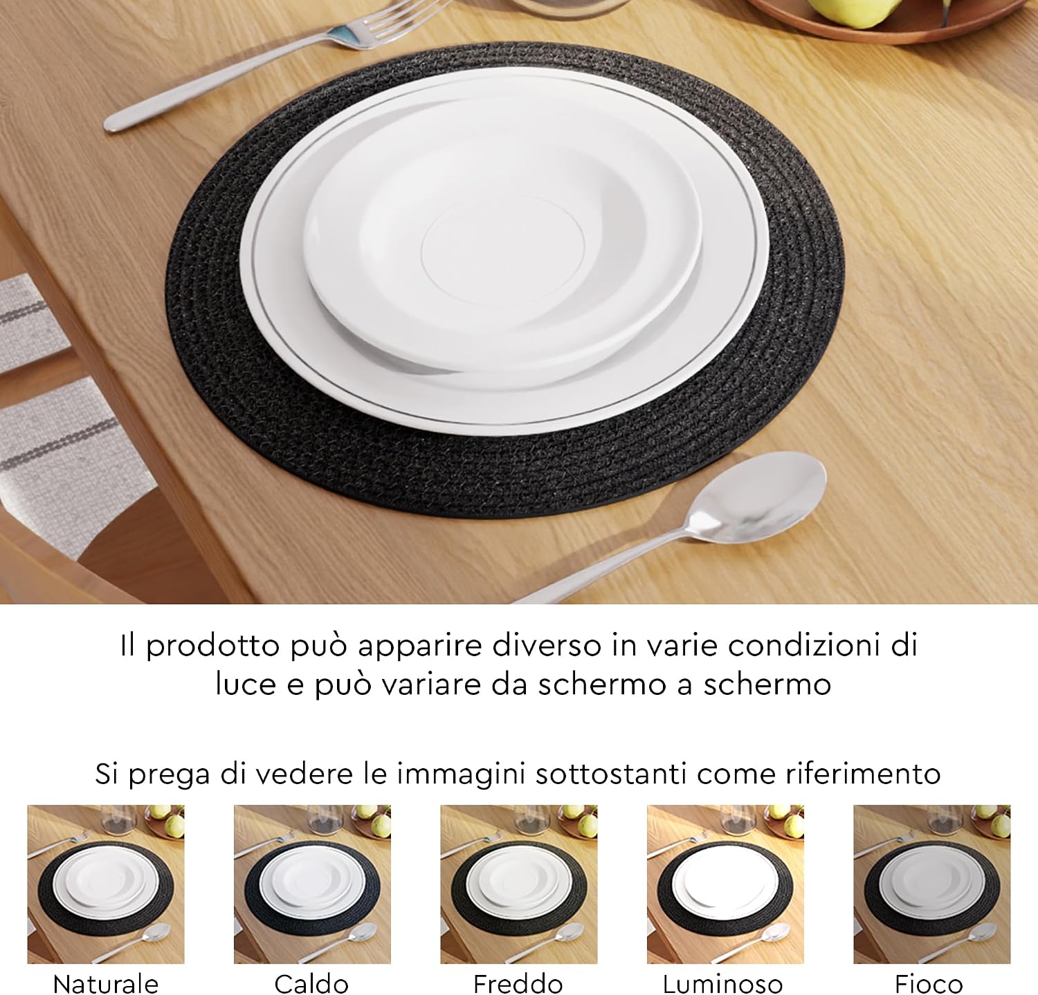 Encasa XO Placemats, Round Cotton Dining Table Mats 13" | Black, Handcrafted Ribbed Texture | Heat Resistant Trivets