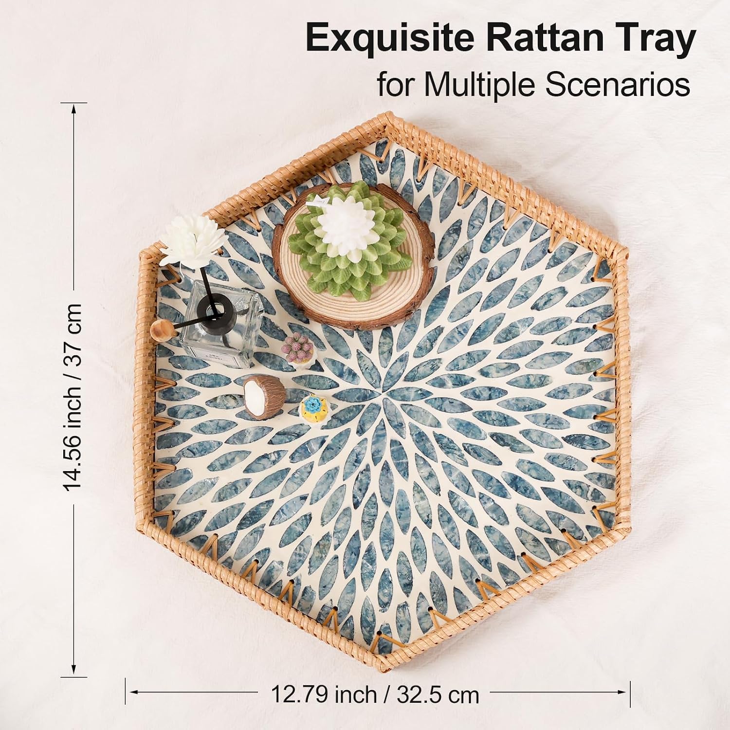 Hexagon Rattan Tray / Light Blue Leaves