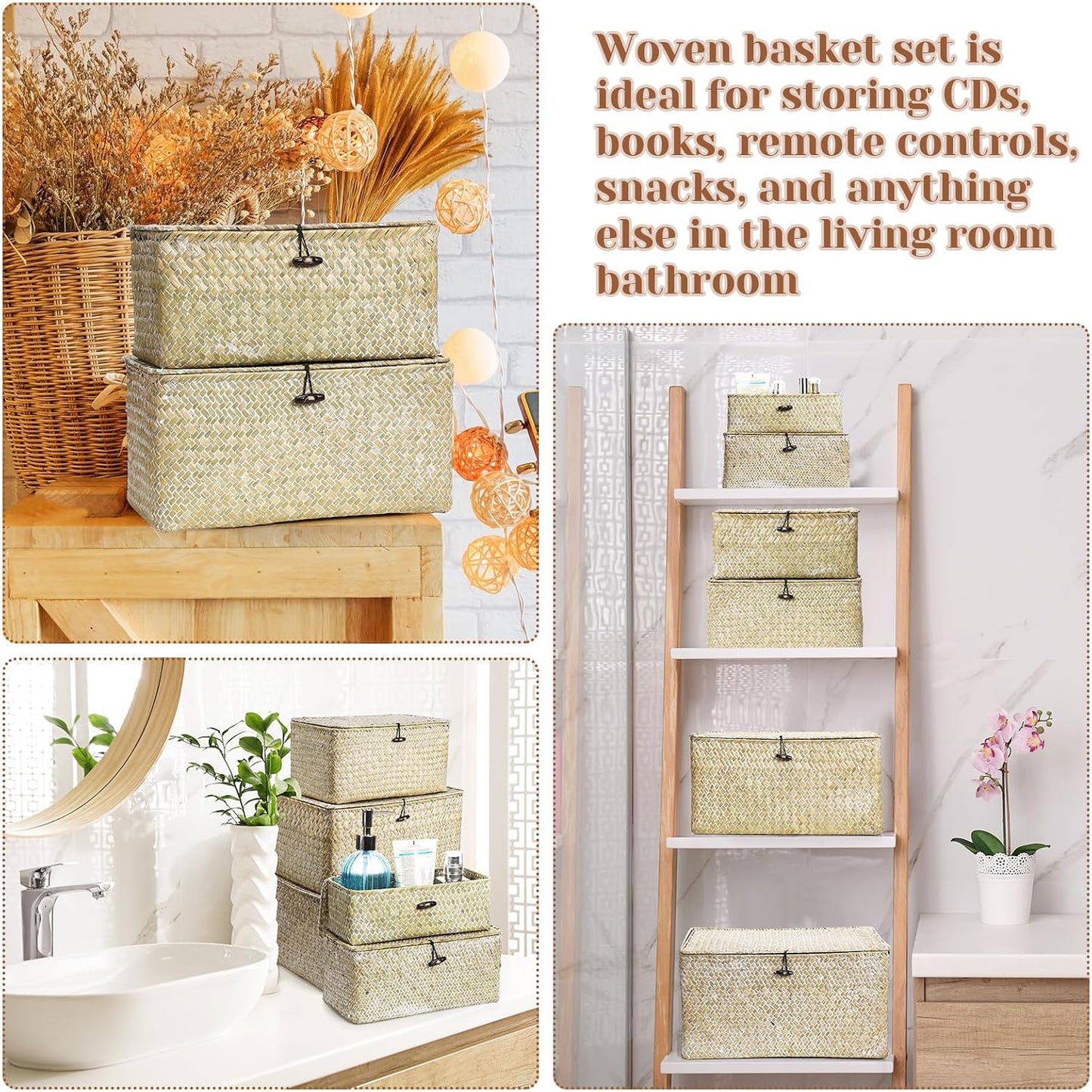 Seagrass Basket / Lids Bin Woven Organizer / White / Classic Style / Set of 6