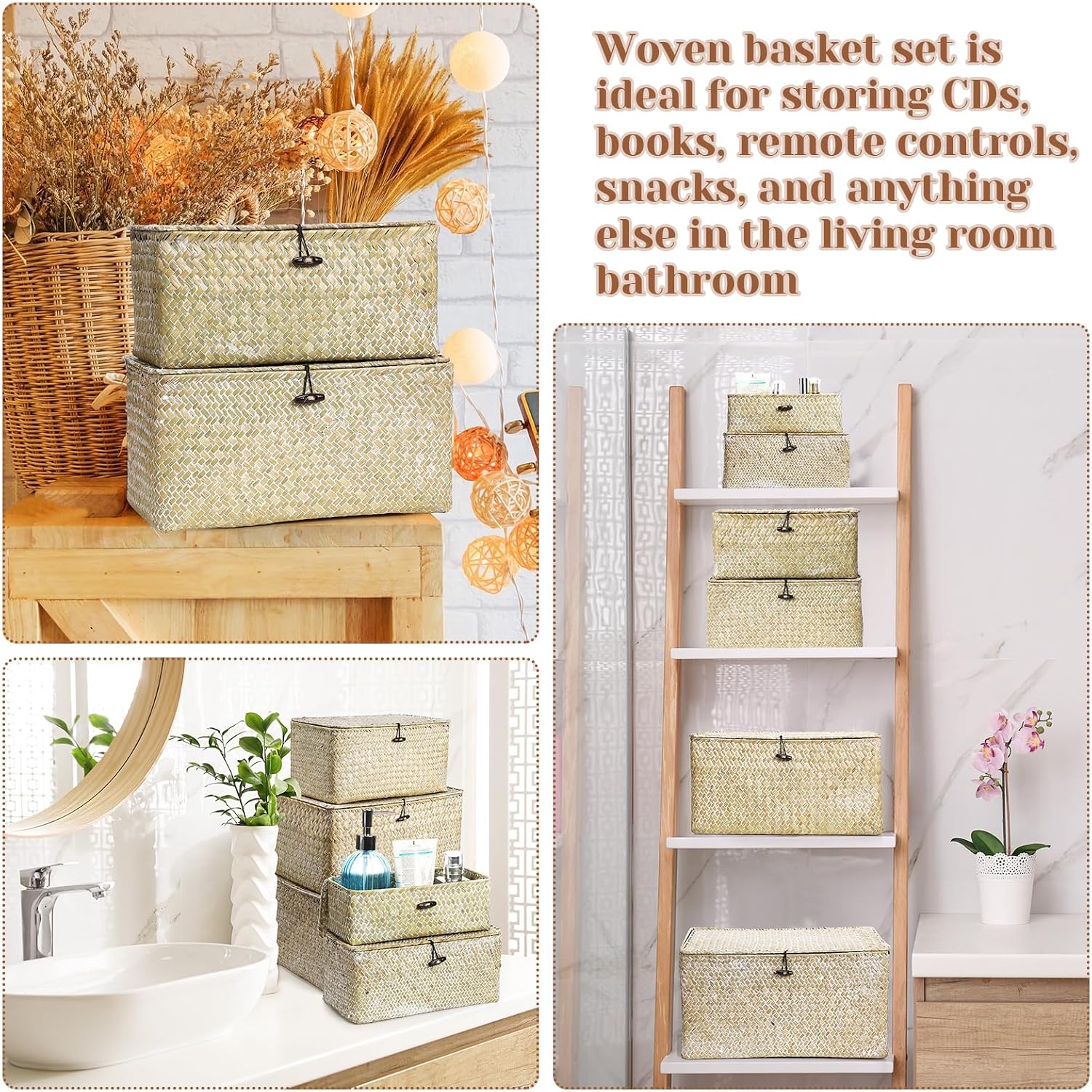 Seagrass Basket / Lids Bin Woven Organizer / White / Classic Style / Set of 6