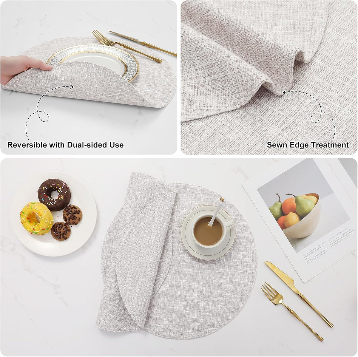Cotton Linen 15 Inch Round Cloth Place mats, Set of 6, Beige | Washable Table Mats, Heat Resistant, Reversible