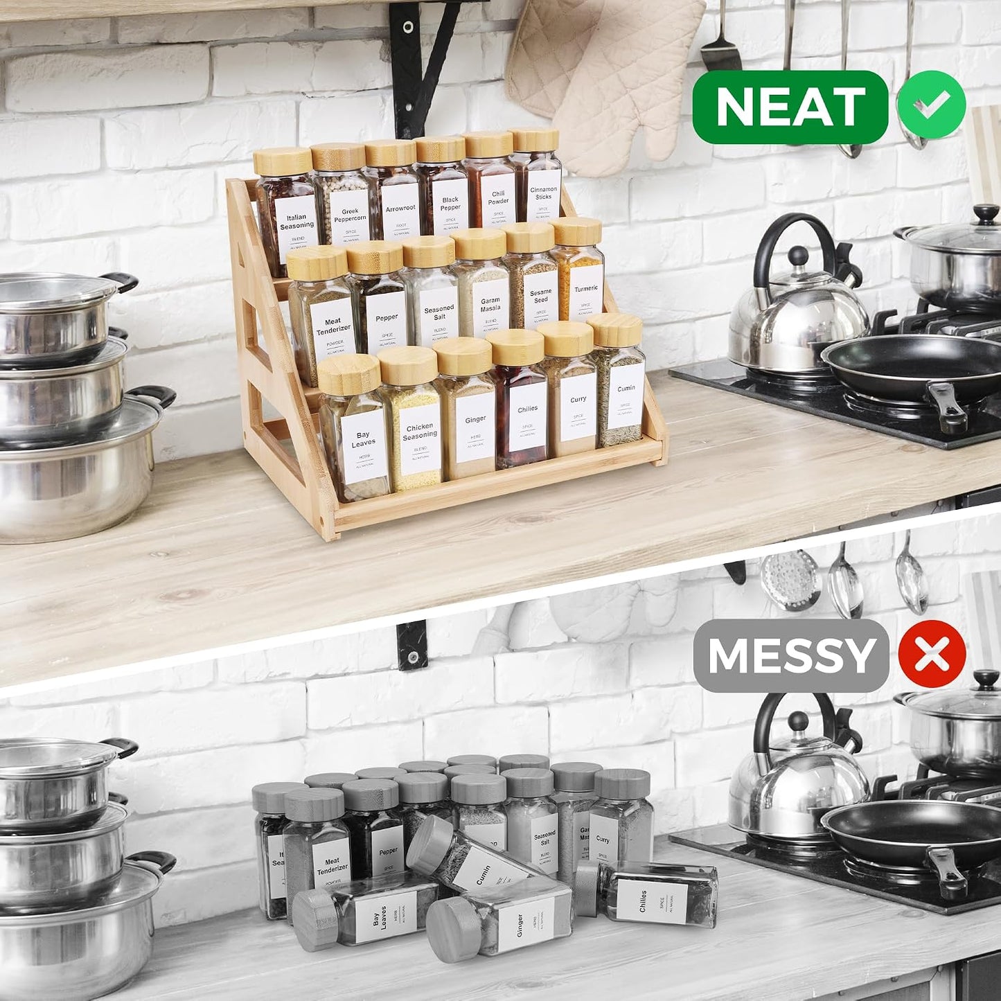 Spice Rack, Spice Organizer -3 Tier Bamboo Spice Racks, Solution for Spice Storage in Kitchens, Countertops，Storage