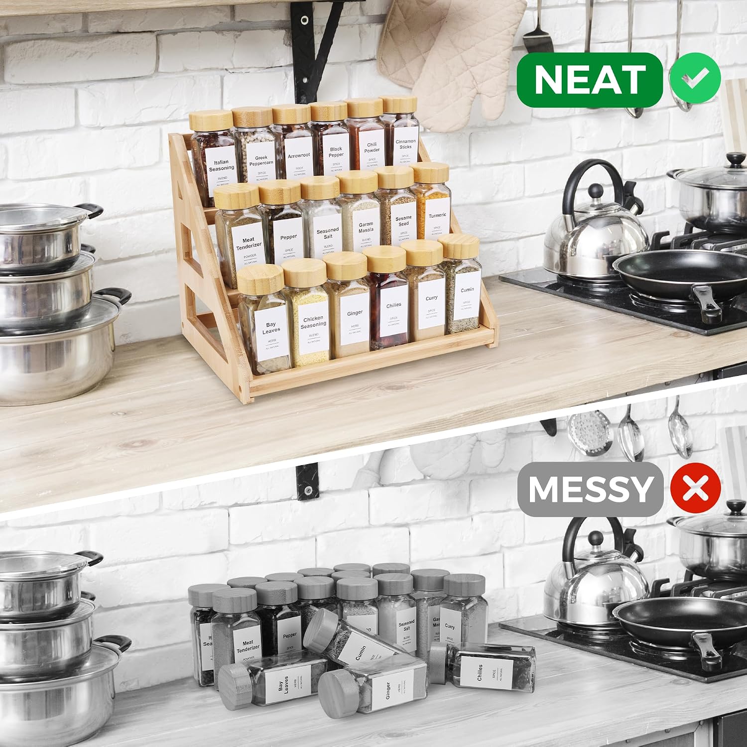 Spice Rack, Spice Organizer -3 Tier Bamboo Spice Racks, Solution for Spice Storage in Kitchens, Countertops，Storage