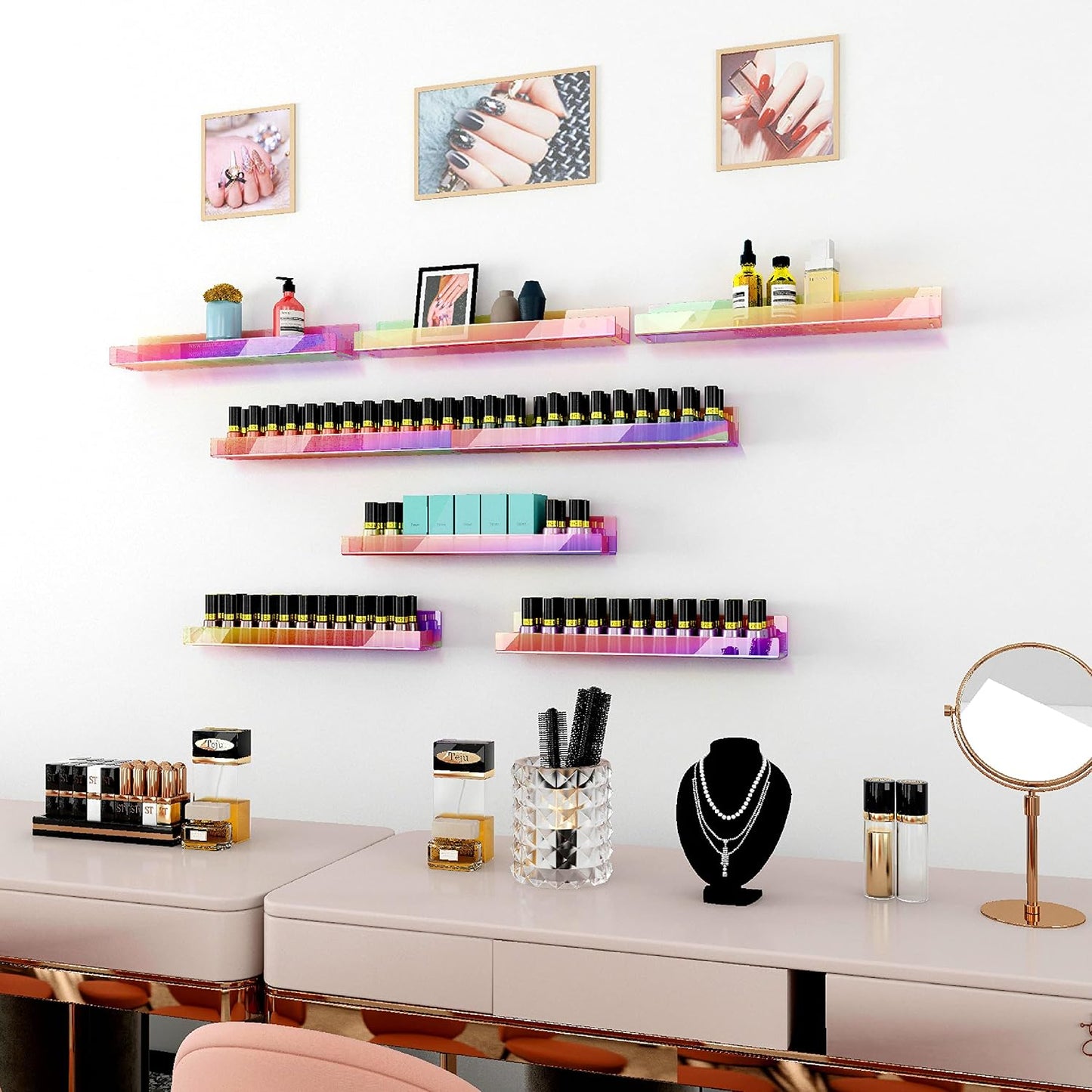8 Pack 15 Inch Iridescent Acrylic Floating Wall Shelves, Rainbow Shelves | Modern Display Shelf for Sunglasses, Oils