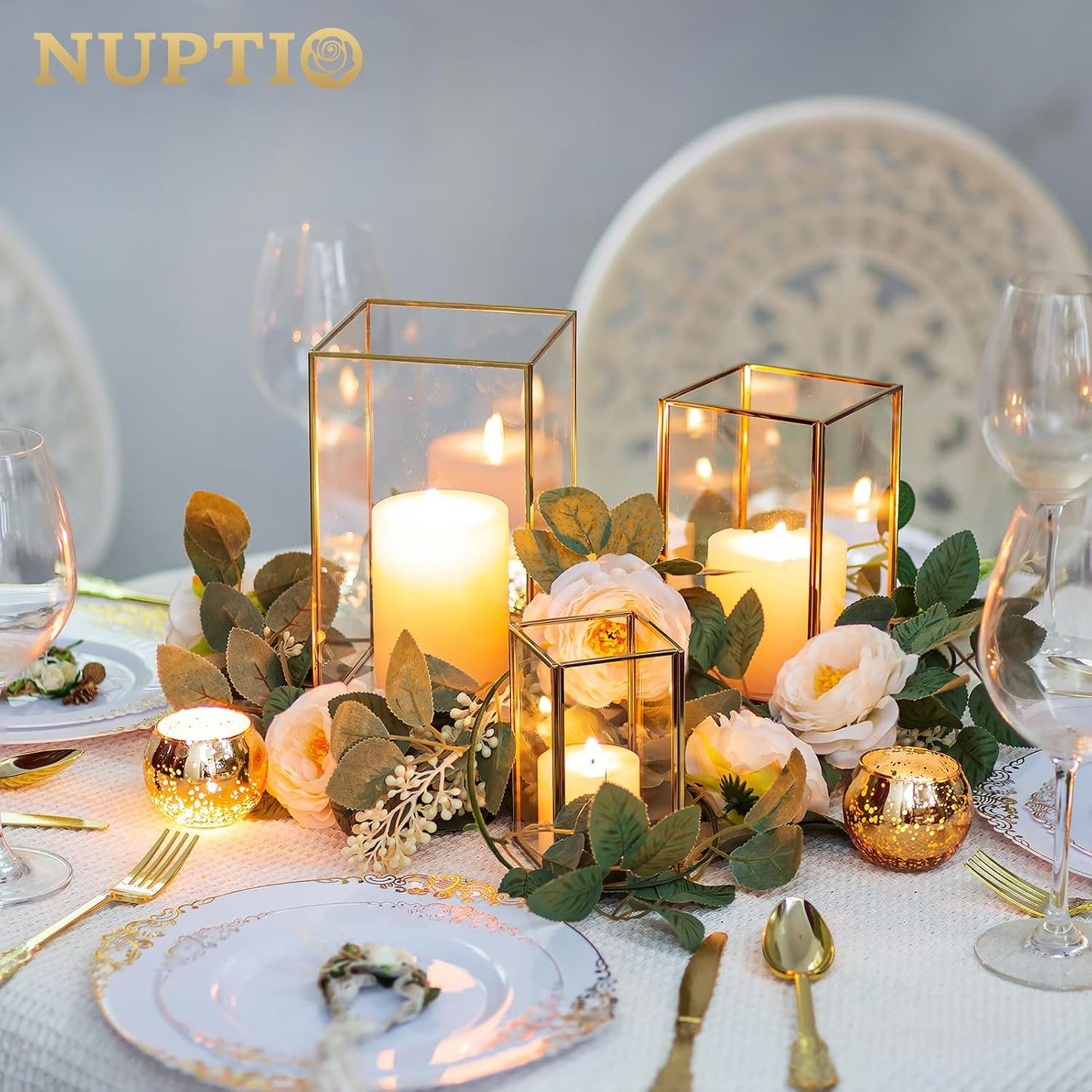 NUPTIO Hurricane Candle Holder Centerpieces: 6 Pcs Glass Candles Lantern | Gold Lantern with Metal Frame Modern Pillar