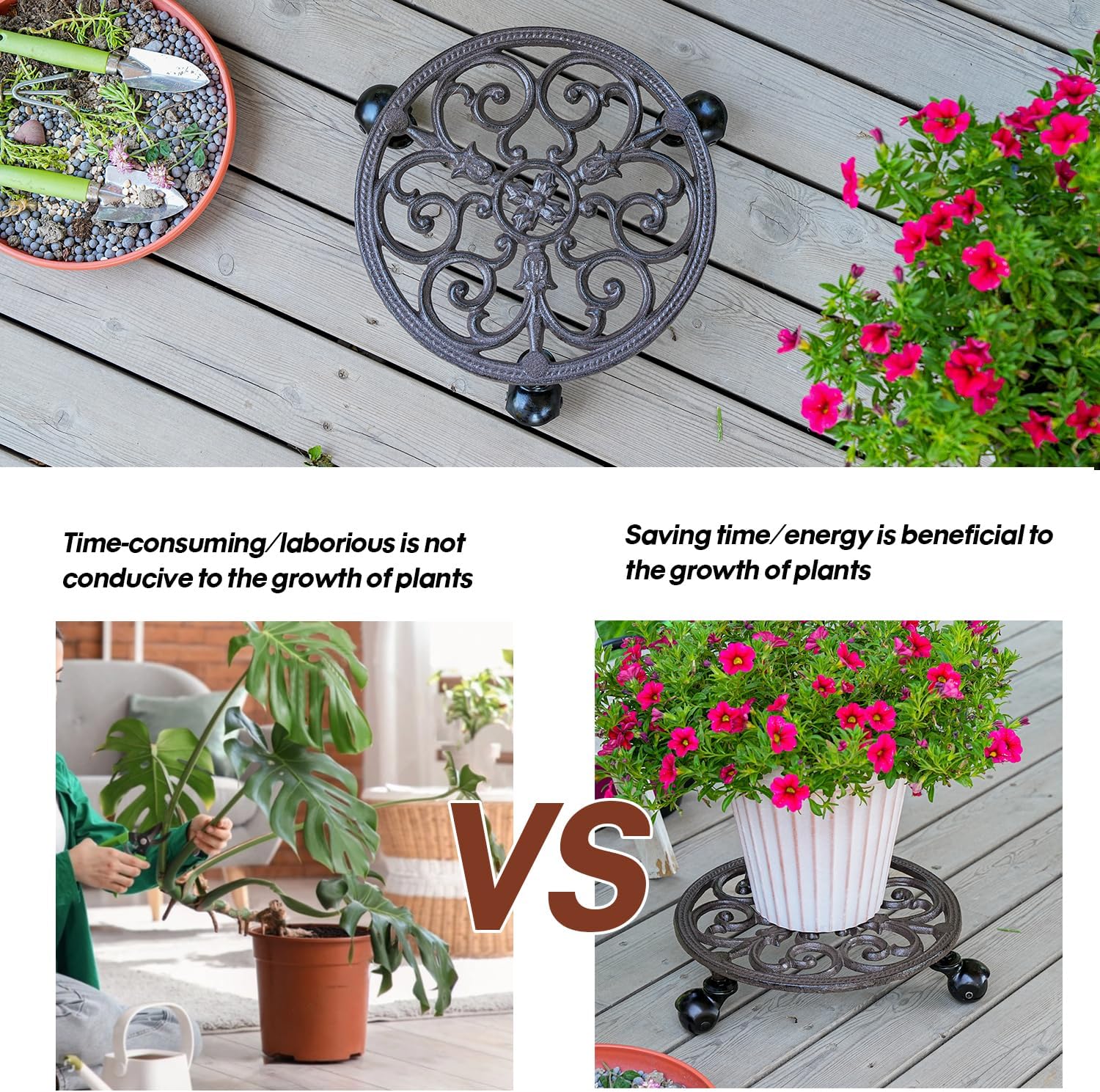 Sungmor Heavy Duty Cast Iron Plant Caddy,11" Round Potted Plant Stand Flower Pot Rack on 3 Solid Wheels,Indoor Outdoor