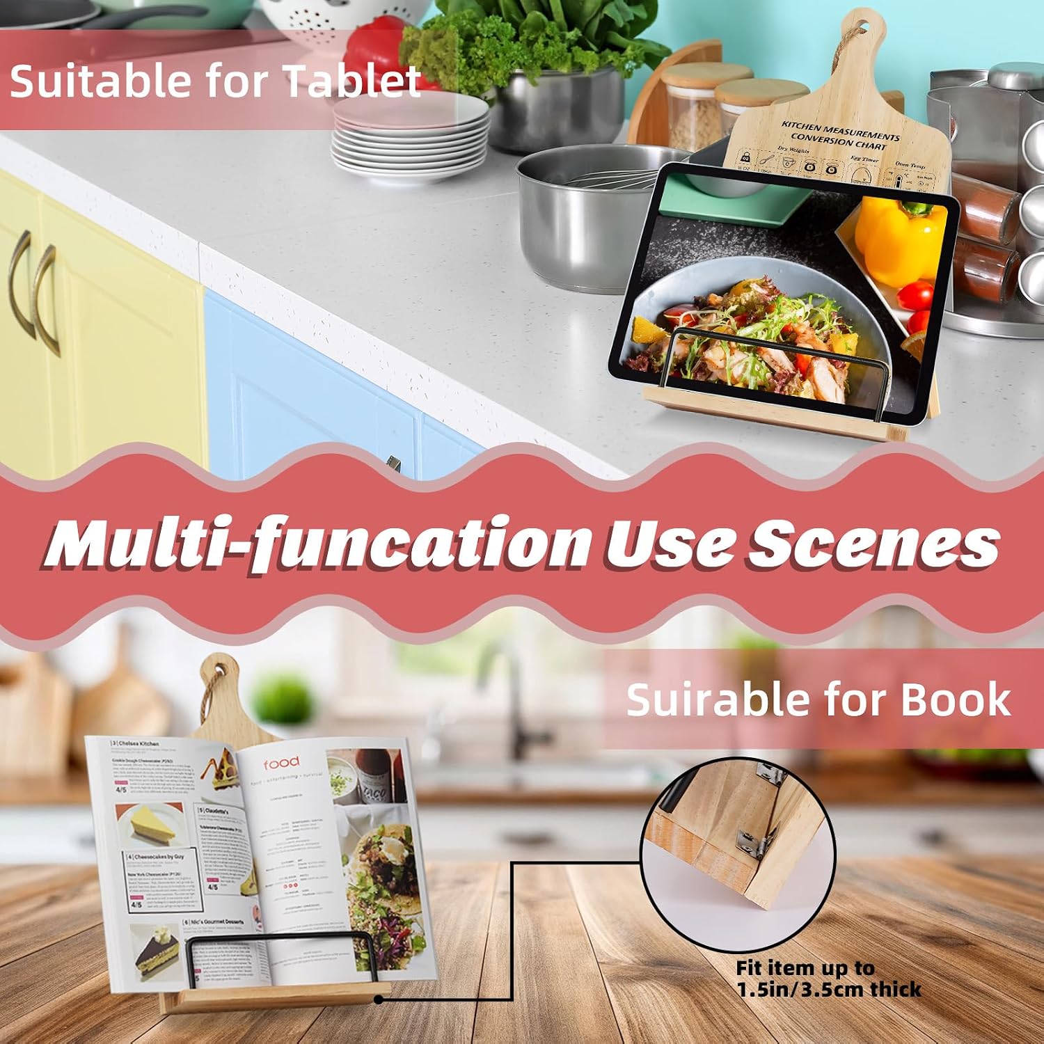 Kitchen Conversion Chart Cookbook Stand, Wood Cook Book Holder, Recipe Cookbook Holder Stand with Kitchen Counters