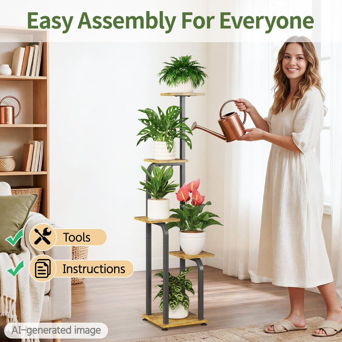 LASZOLA Plant Stand Shelf Tall for Indoor Corner Flower Rack, 5 Tier Brown | Modern Multiple Display with Wooden Tray