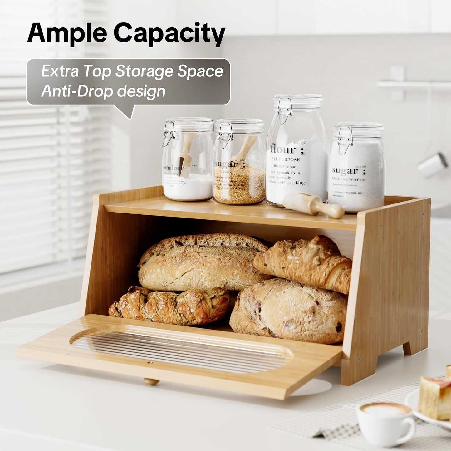 Bamboo Bread Box for Kitchen Countertop,Large Capacity Kitchen Countertop Organizer,Bread Storage with Acrylic Window