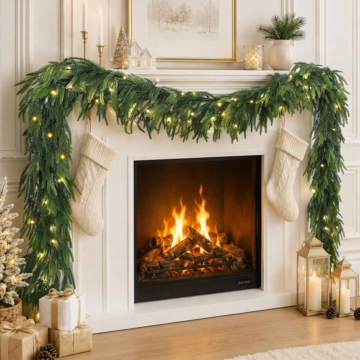 9FT Artificial Christmas Snow Garland with 50 Clear Lights, Pulg in, Pine Cone, Red Berry, String Light for Outdoor Indoor, Home Decoration Mantle Stairs Railing Fireplace Door