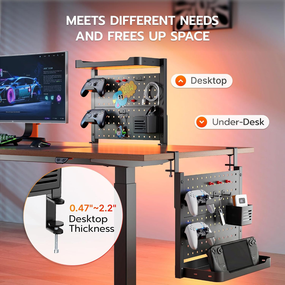 ARES WING Desk Clamp On Pegboard with 16 inches Organizer Shelf, Black | Adjustable Above or Under Desk Storage Shelf