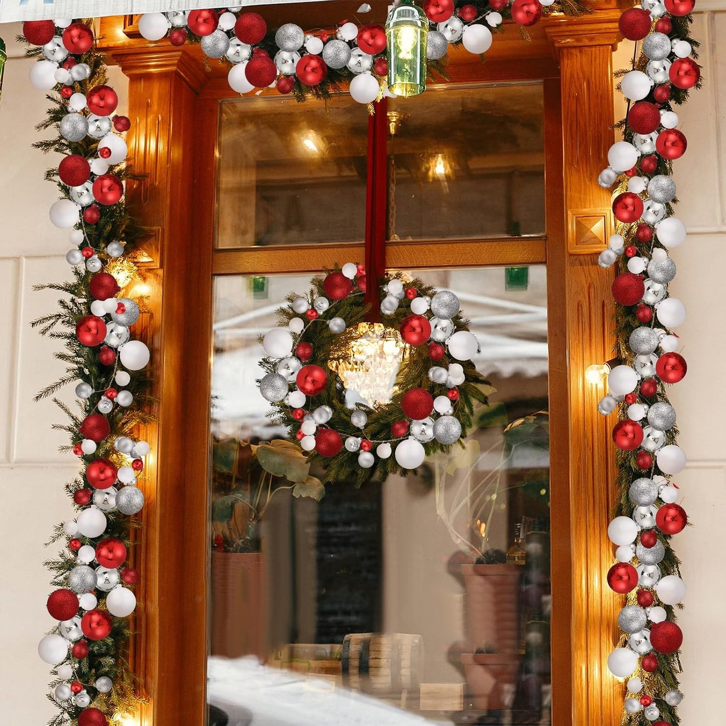 2 Pcs 6 ft Christmas Ball Ornament Garland, Red, White, Silver | Bauble Bulb Christmas Tree Ball Decoration