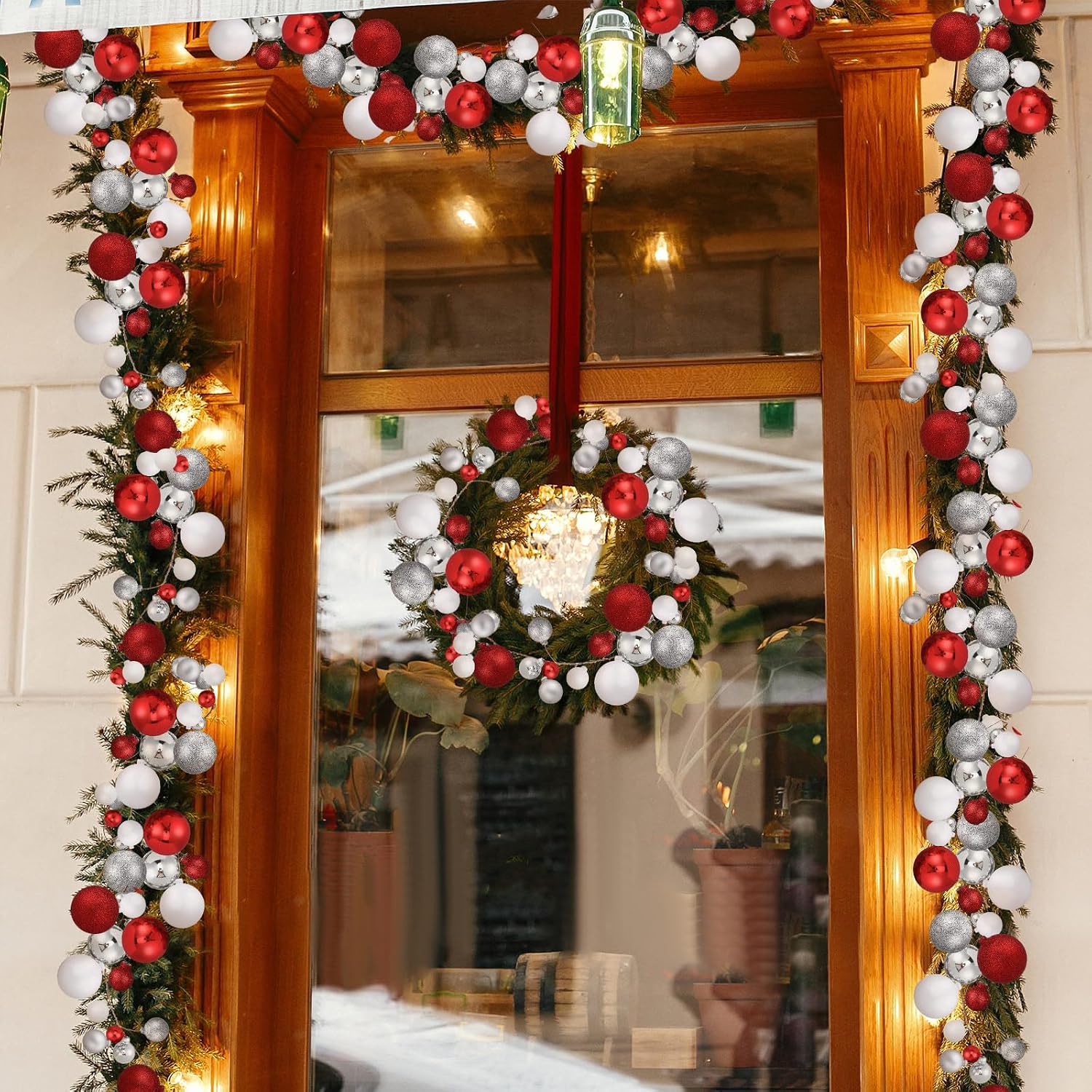 2 Pcs 6 ft Christmas Ball Ornament Garland, Red, White, Silver | Bauble Bulb Christmas Tree Ball Decoration