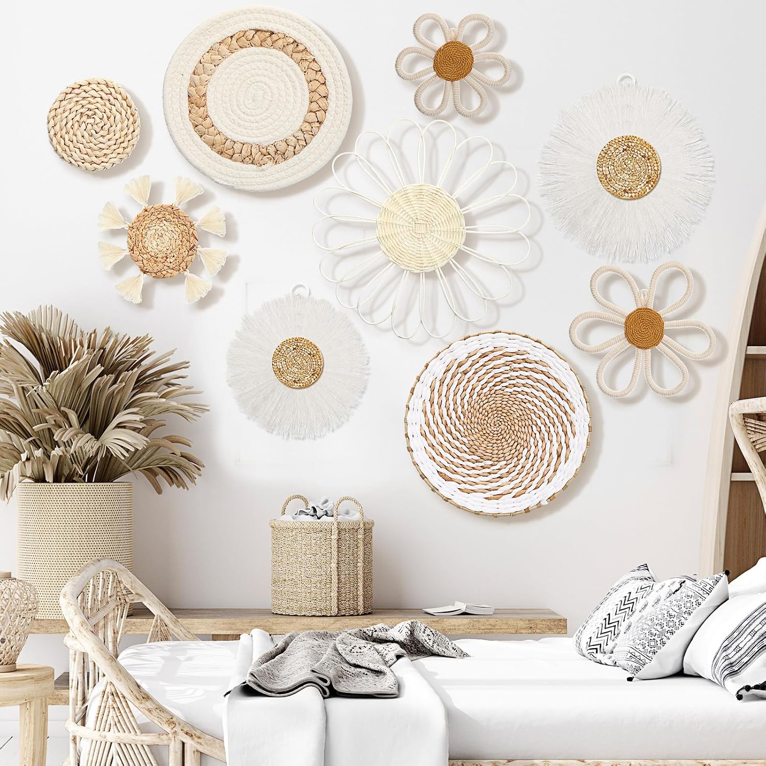 Boho Nursery Wall Decor Daisy Flower Woven Macrame Seagrass Rattan Basket Wall / White / Set of 9