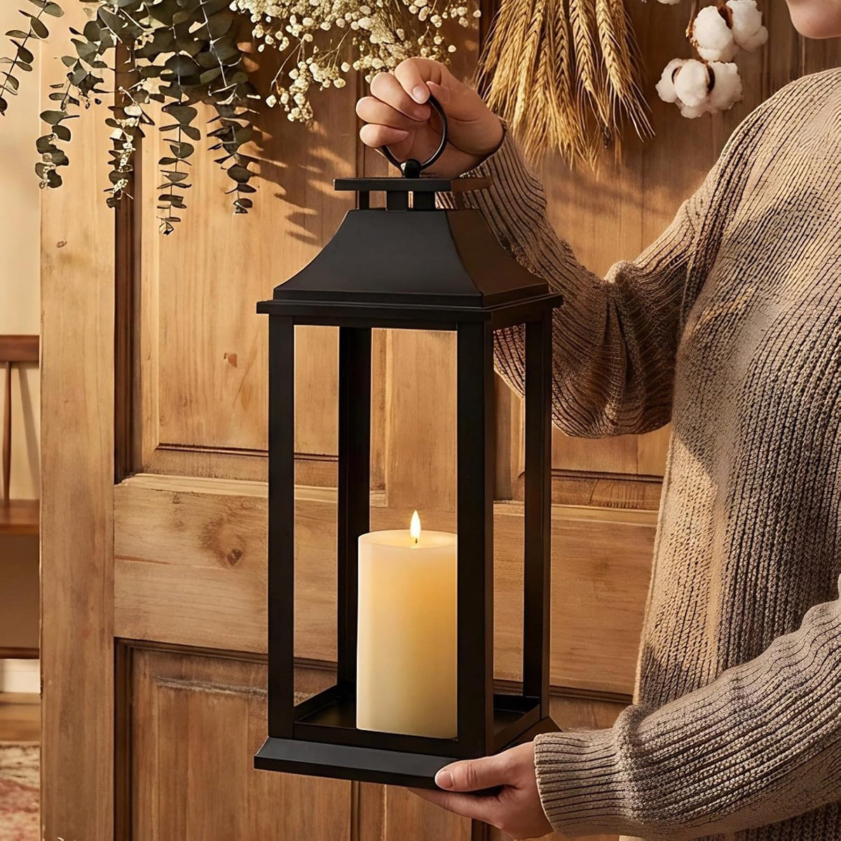 Modern Farmhouse Black Lantern Candle Holder – 18” Hanging Decorative Lantern for Indoor & Outdoor Home Décor – Ideal