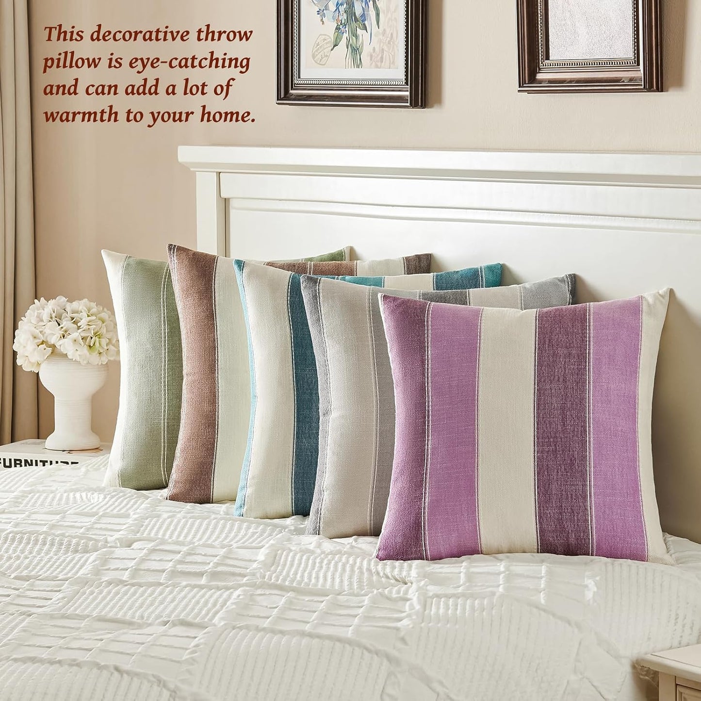 Farmhouse Stripe Check Throw Pillow Covers Set Case Cotton Linen / 18 x 18 / Sage Green / Set of 2
