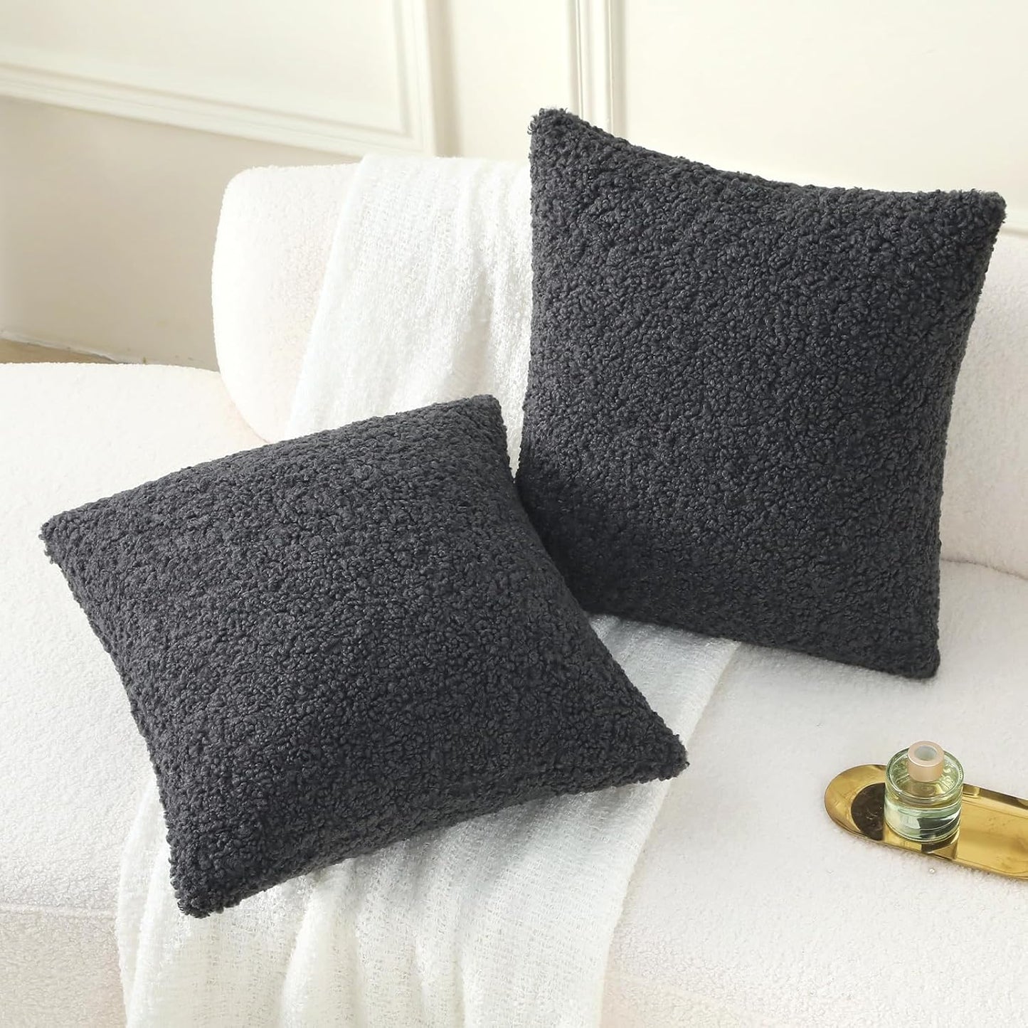 Furry Faux Fur Teddy Boucle Textured Cushion Covers / Charcoal / 16 x 16 / Set of 2