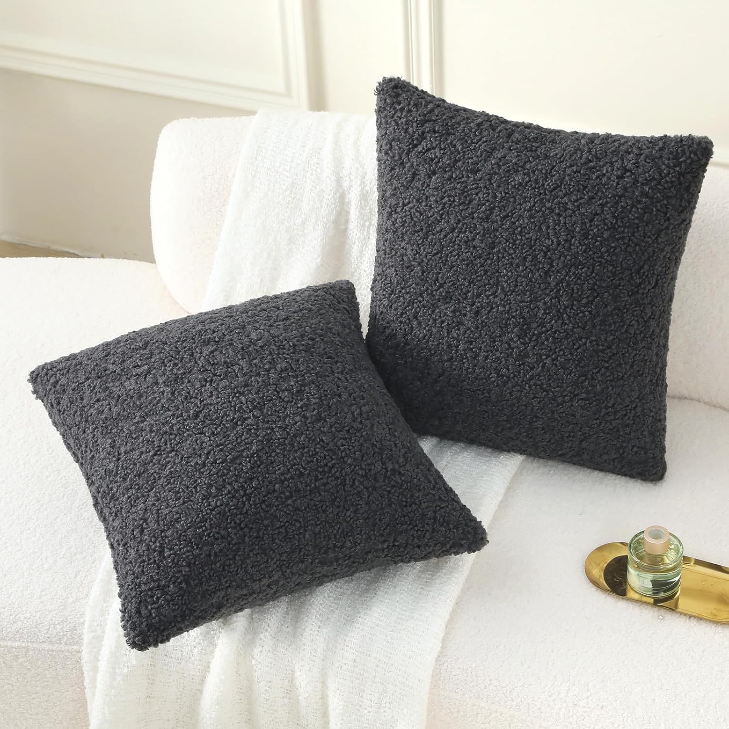Furry Faux Fur Teddy Boucle Textured Cushion Covers / Charcoal / 16 x 16 / Set of 2