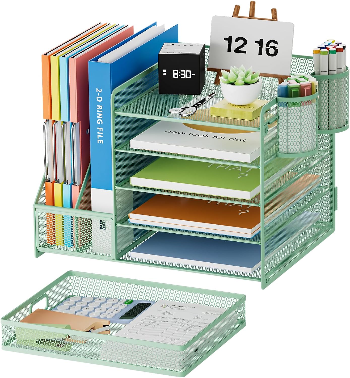 Marbrasse Desk Organizer with File Holder, 5-Tier Paper Letter Tray Organizer with Drawer and 2 Pen Holder, Mesh