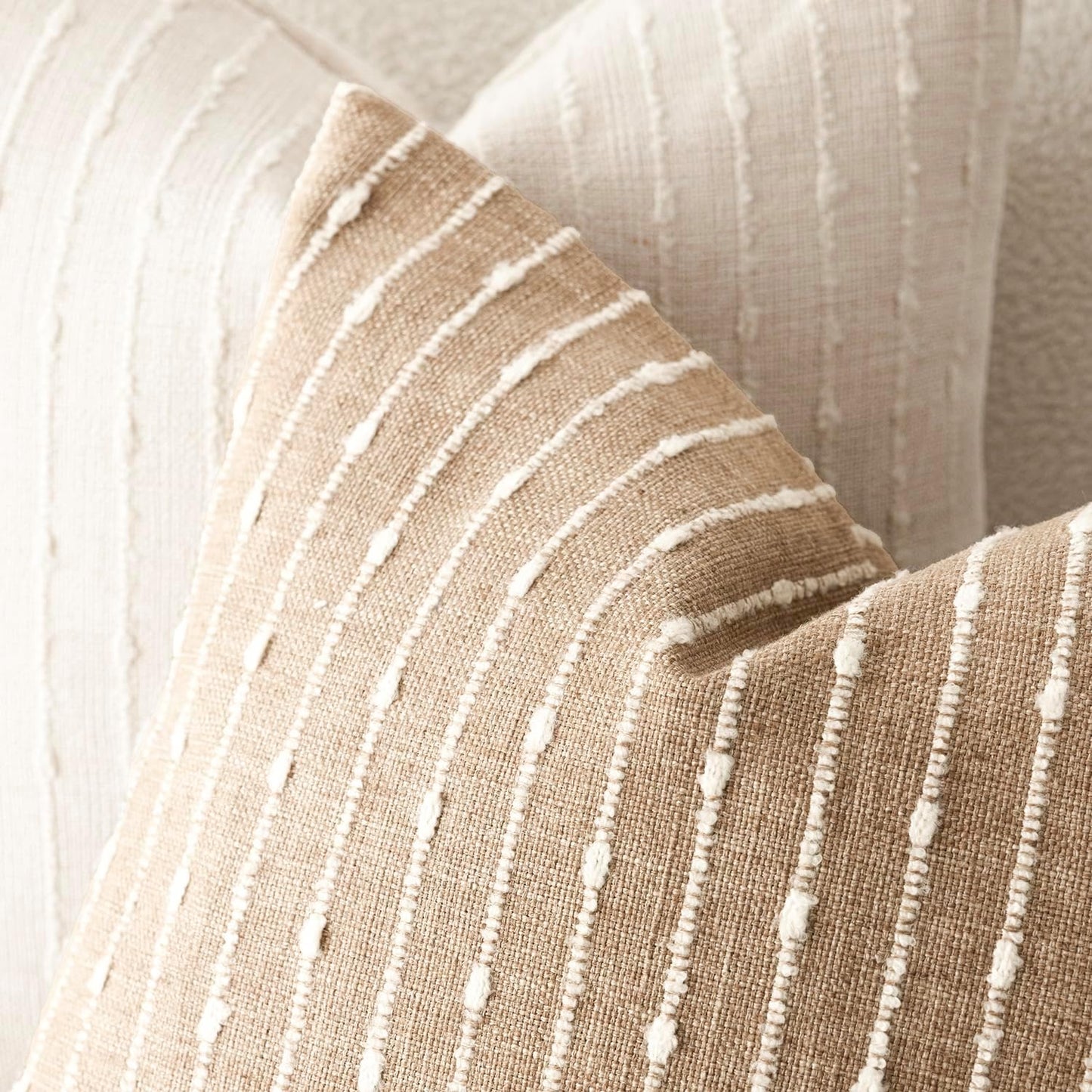 Decorative Jacquard Boucle Throw Pillow Covers Accent Textured Striped / 18 x 18 / Camel / Set of 2