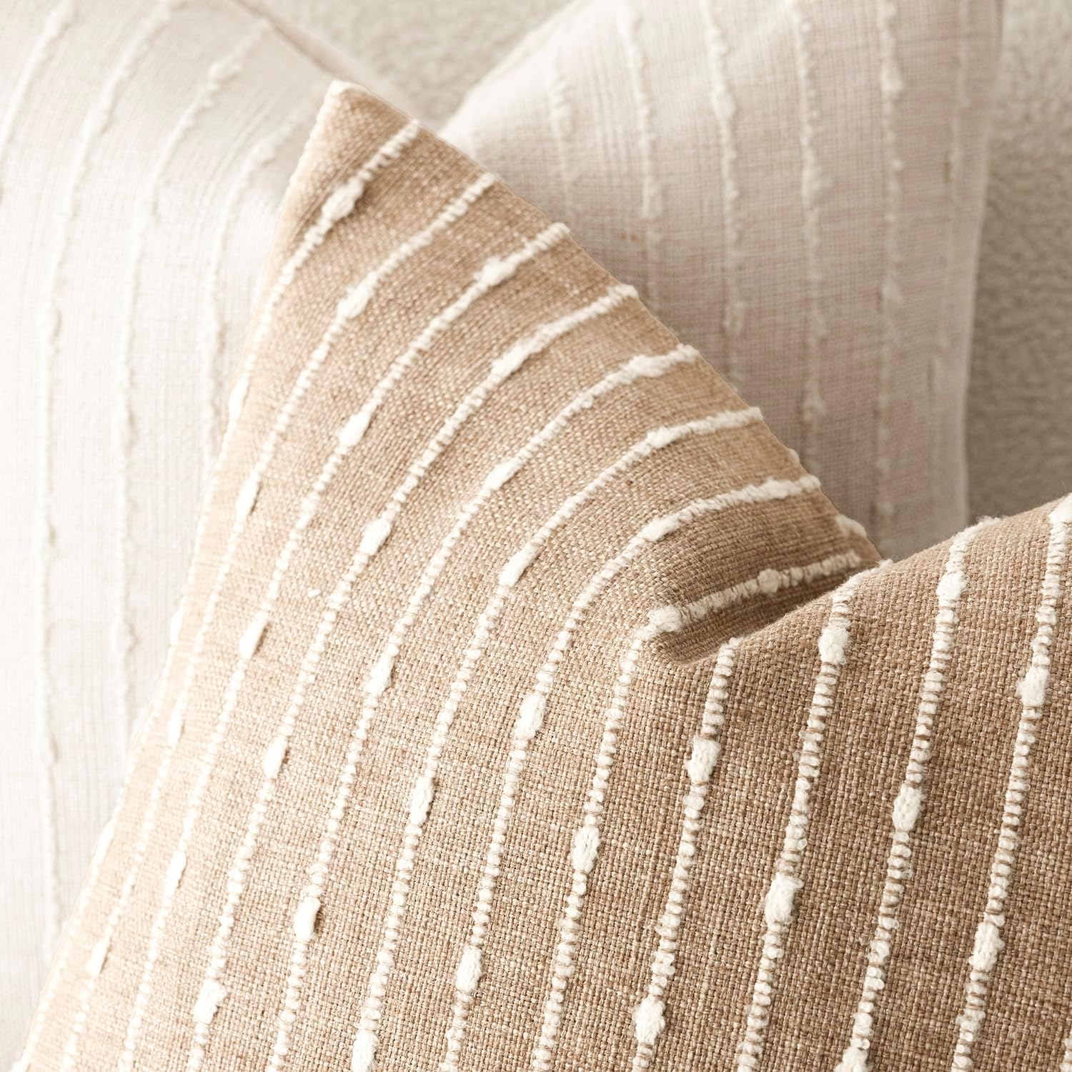Decorative Jacquard Boucle Throw Pillow Covers Accent Textured Striped / 18 x 18 / Camel / Set of 2