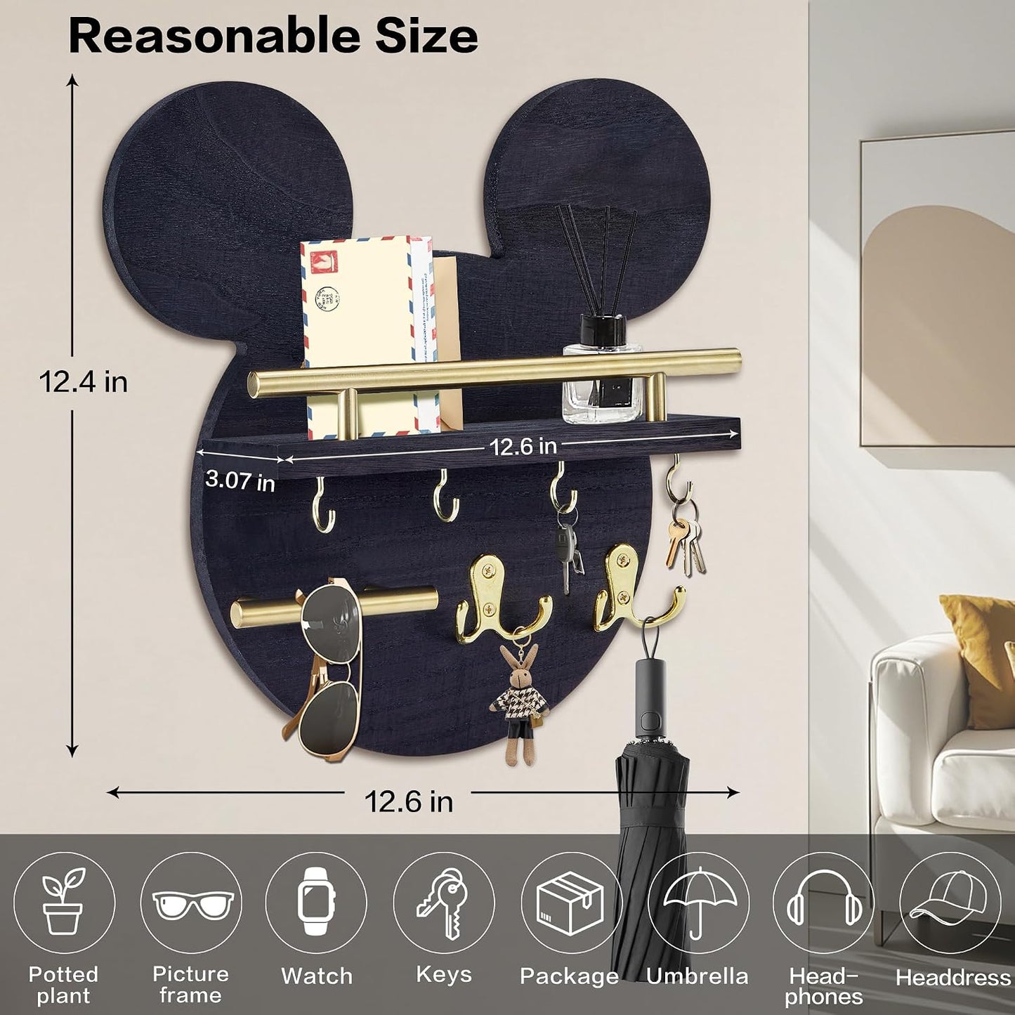 Key Holder / Shelf and 6 Hooks / Black