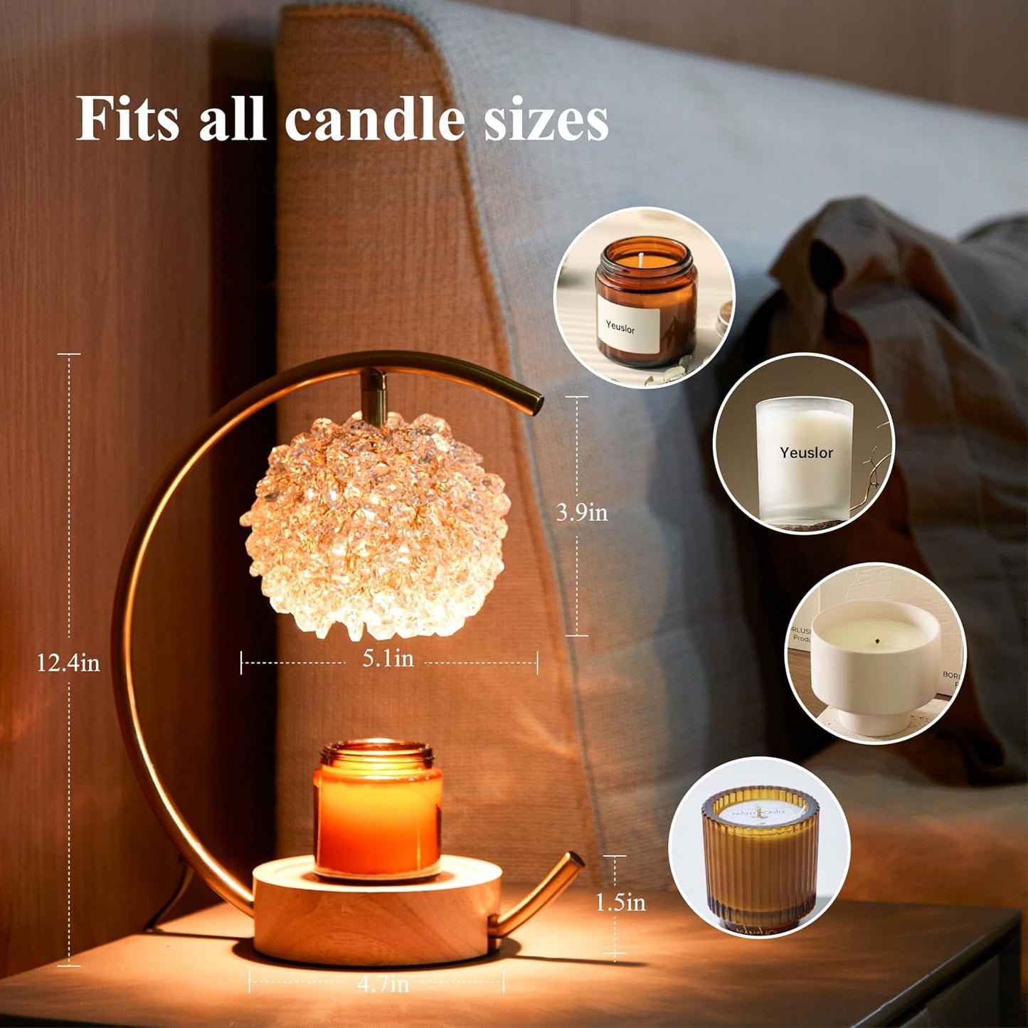 Yeuslor Gold Candle Warmer Lamp for Jar Candles with Adjustable Brightness＆Timer，Handcrafted Crystal＆Wooden Base