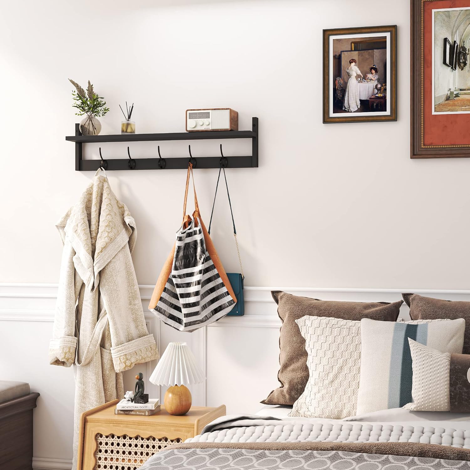 AMBIRD Wall Hooks with Shelf Entryway Hanging Wood Coat Hooks with Shelf Wall-Mounted Coat Hook Rack with 5 Dual Hooks